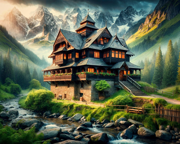 Multi-Tiered House by Stream and Mountains