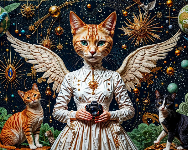 Surreal Scene of a Woman with Cat's Head and Wings