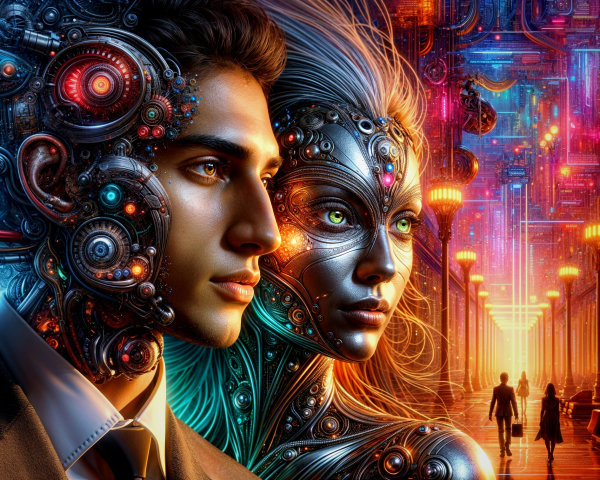 Futuristic Scene with Robotic Figures in Neon Lights