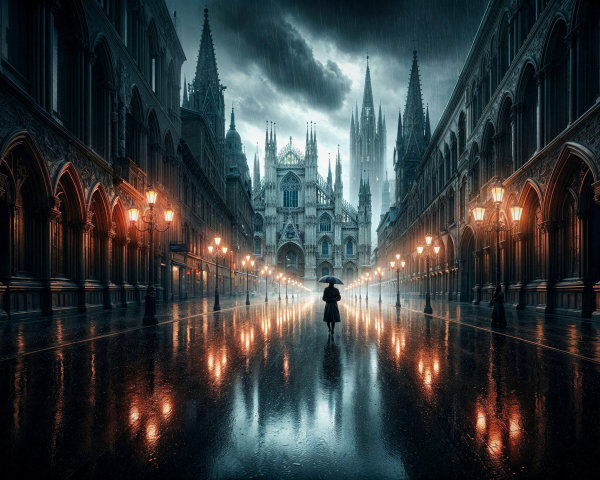 Cobblestone Street with Gothic Architecture and Rain