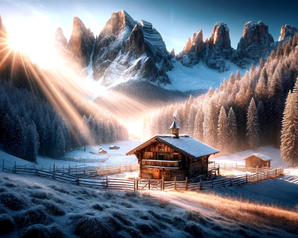 Winter Landscape with Cabin and Snowy Mountains