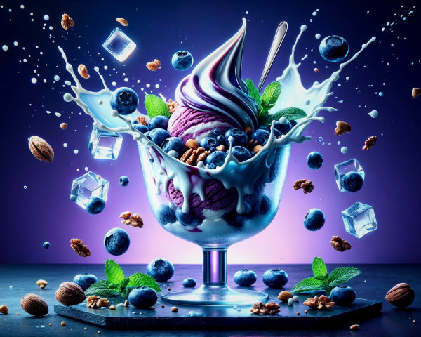 Vibrant Sundae with Blueberries and Mint Leaves