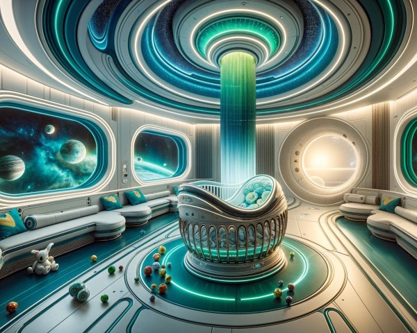 Futuristic Room with Floating Cradle and Space View