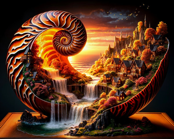 Spiral Shell with Waterfalls and Autumn Village Scene