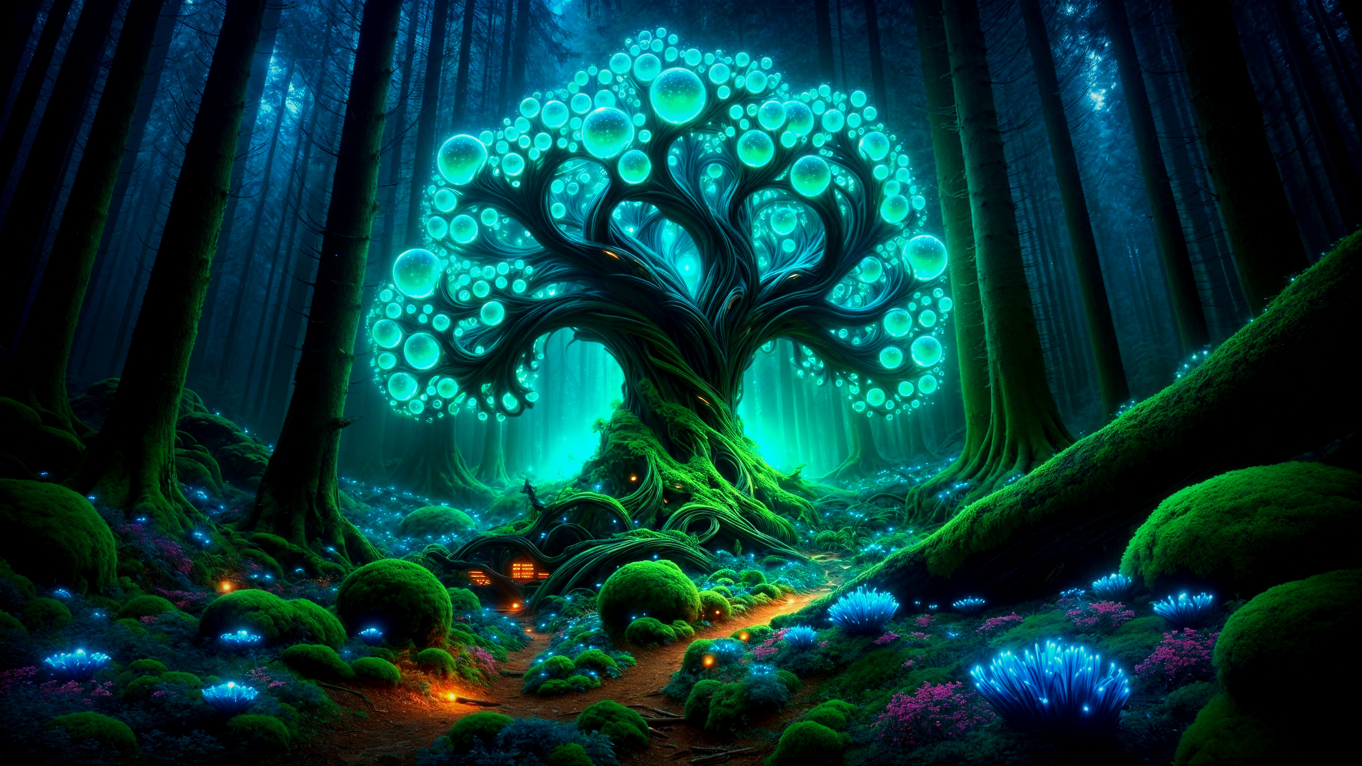 Majestic Tree with Luminescent Orbs in Mystical Forest