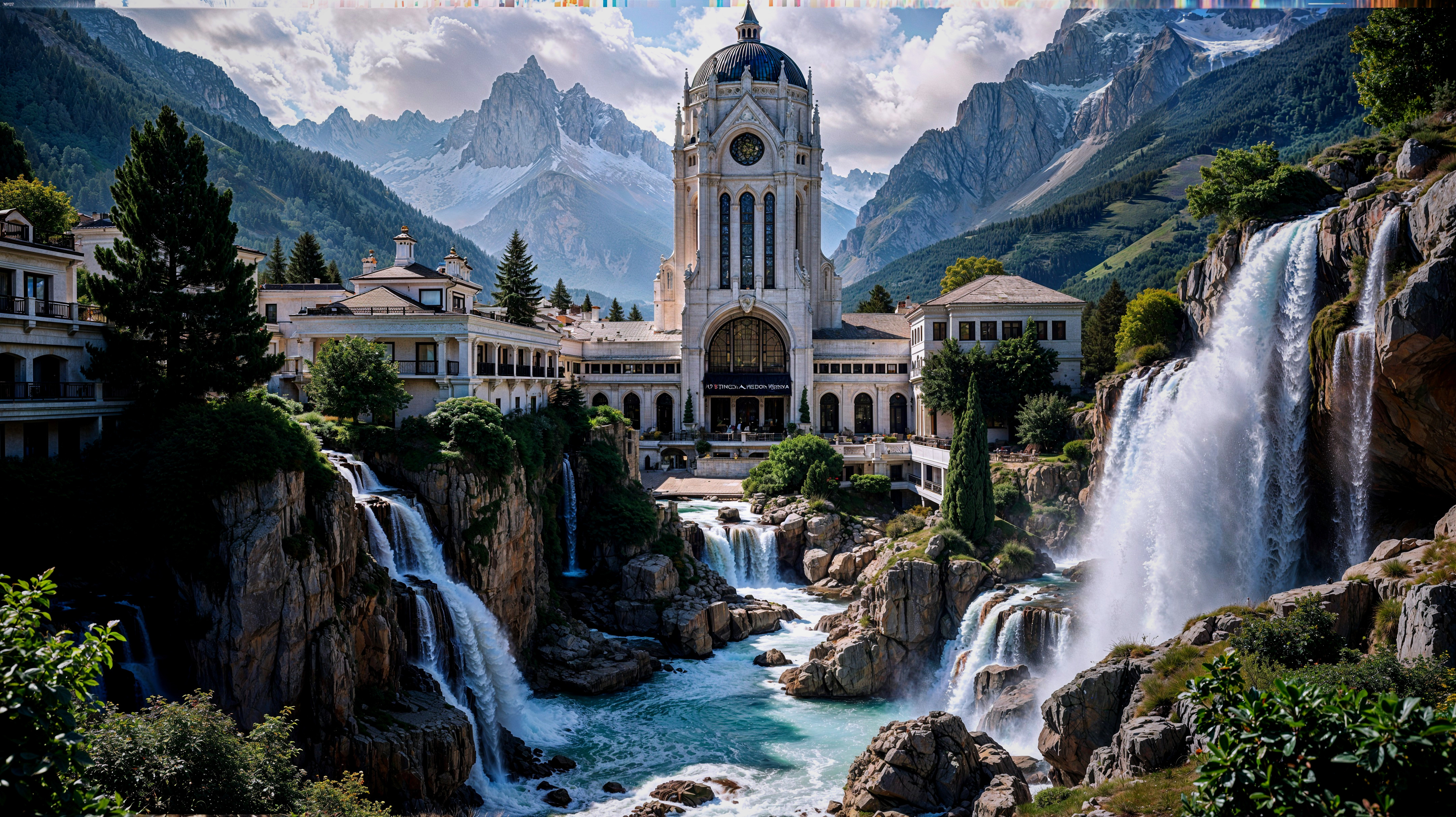 Mountain Resort with Clock Tower and Waterfalls