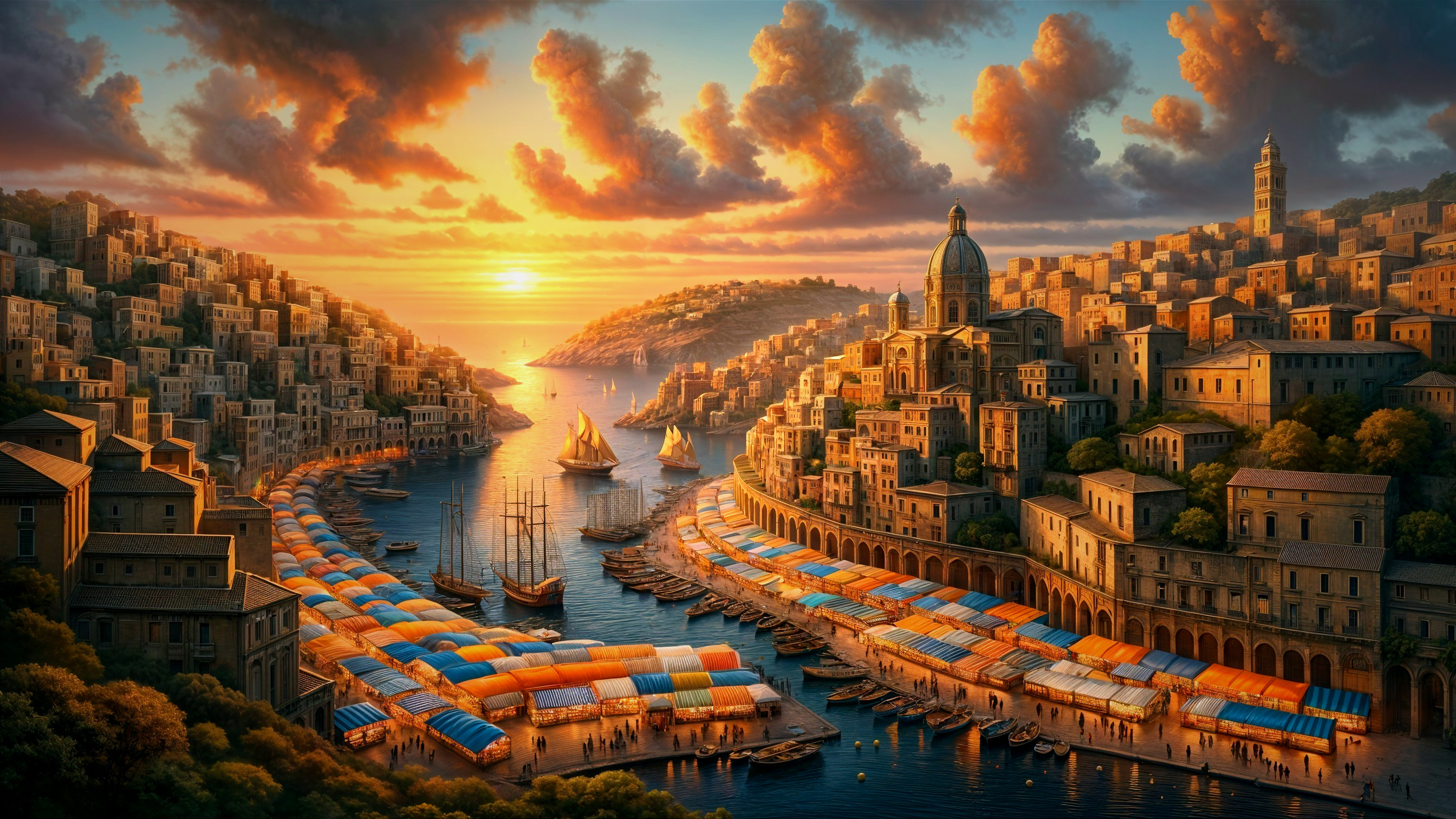 Vibrant Coastal Town at Sunset with Sailboats and Market Stalls