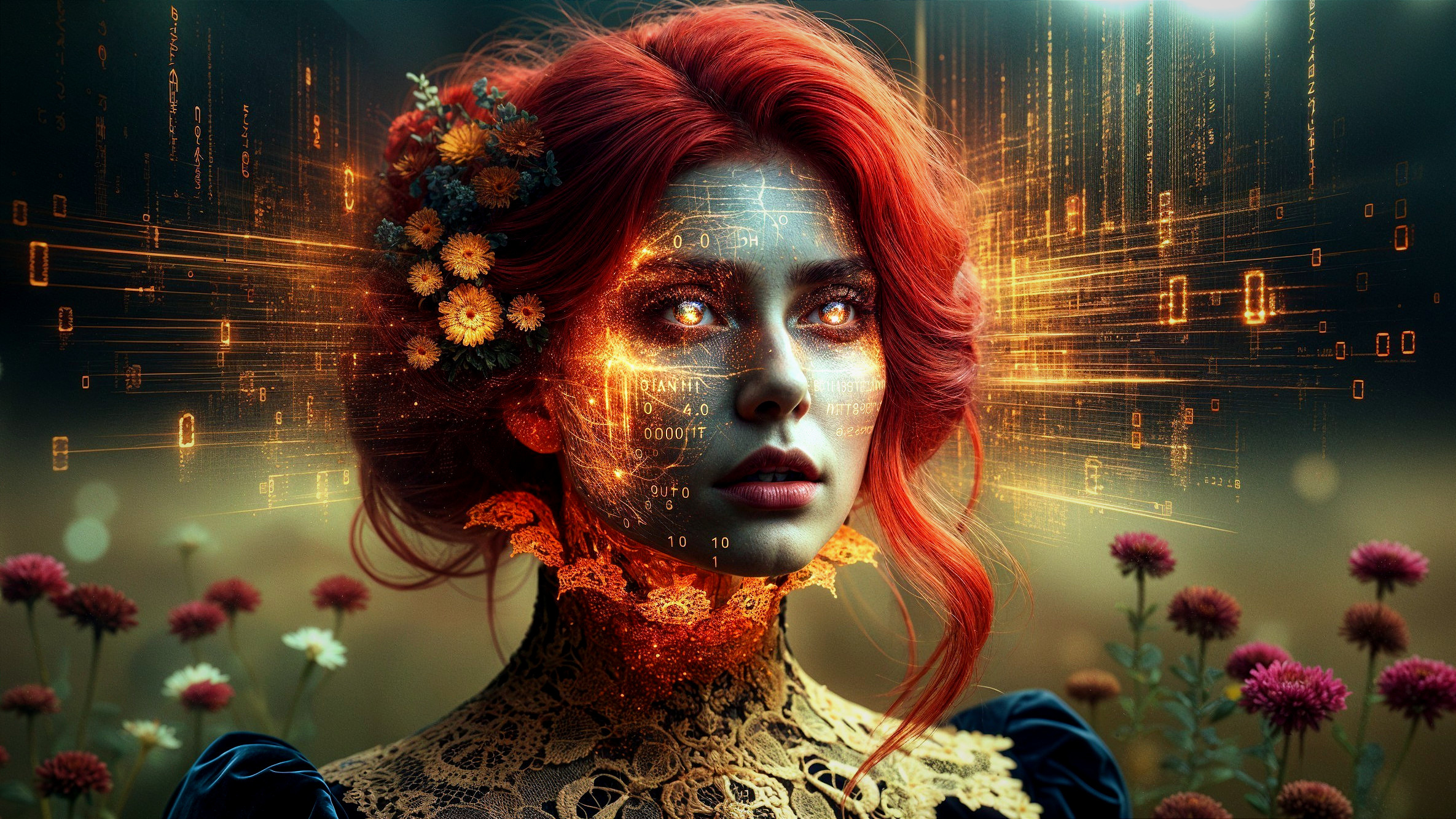 Portrait of a woman with red hair and digital elements