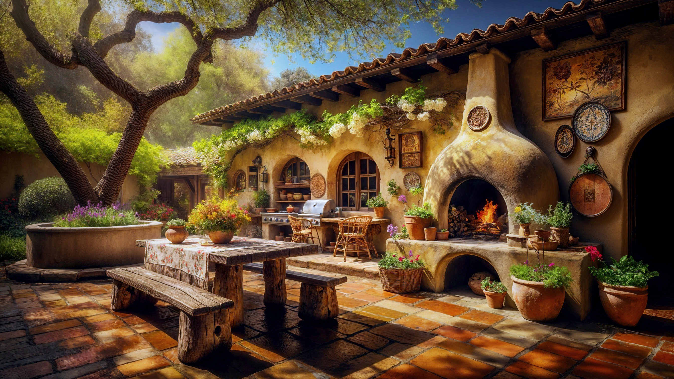 Charming Outdoor Kitchen with Rustic Features and Greenery