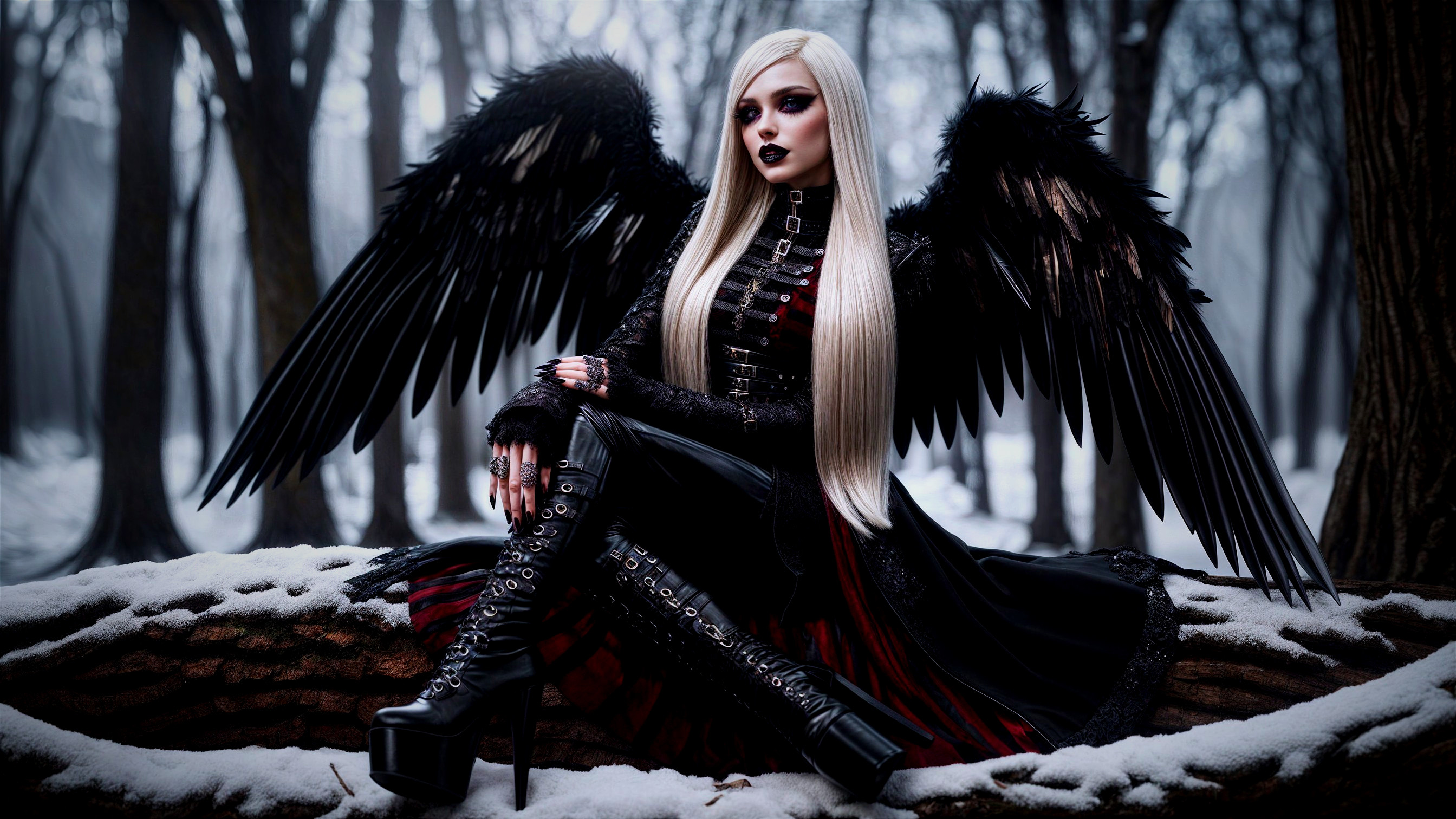 Misty Forest Scene with Winged Figure in Black Outfit