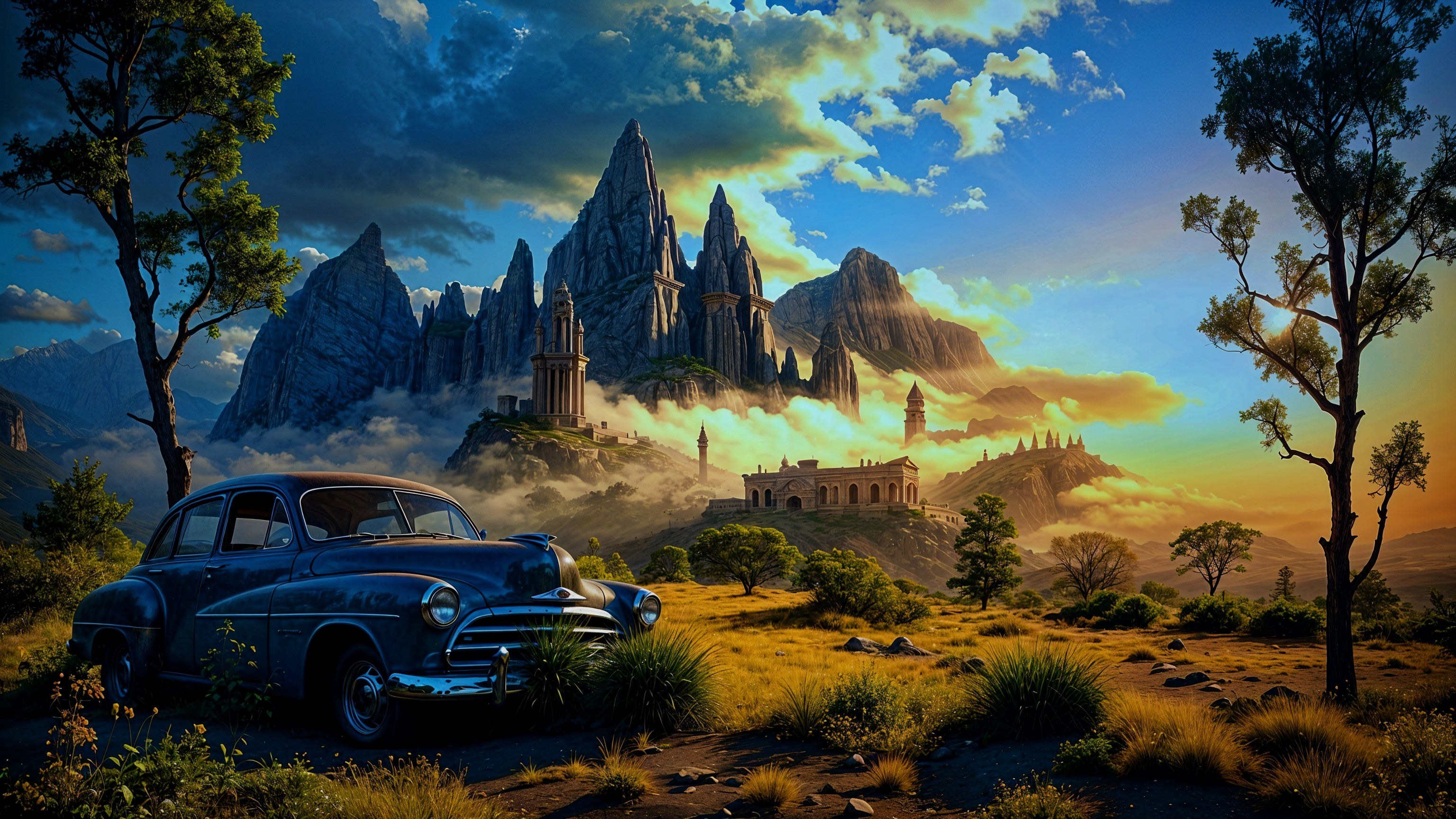 Vintage Blue Car in Grassy Landscape with Mountains