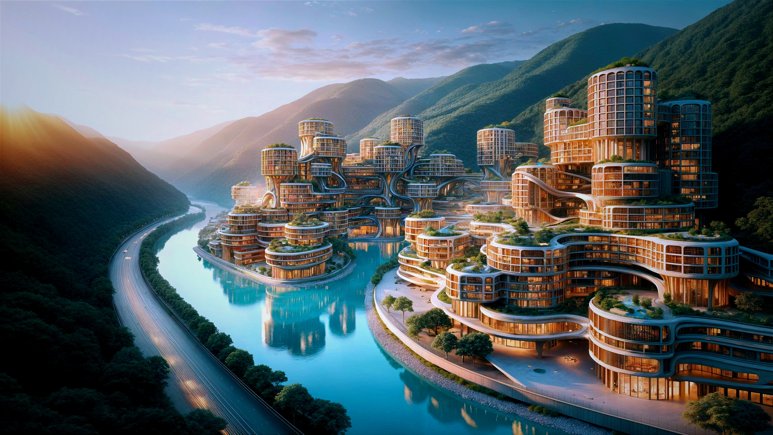 Futuristic Cityscape Amidst Mountains and River