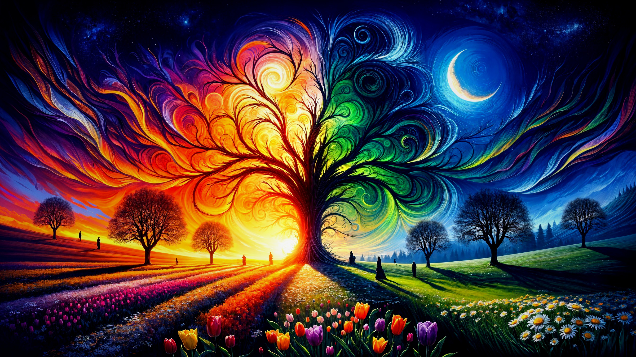 Colorful Tree Against Twilight Sky and Flower Fields
