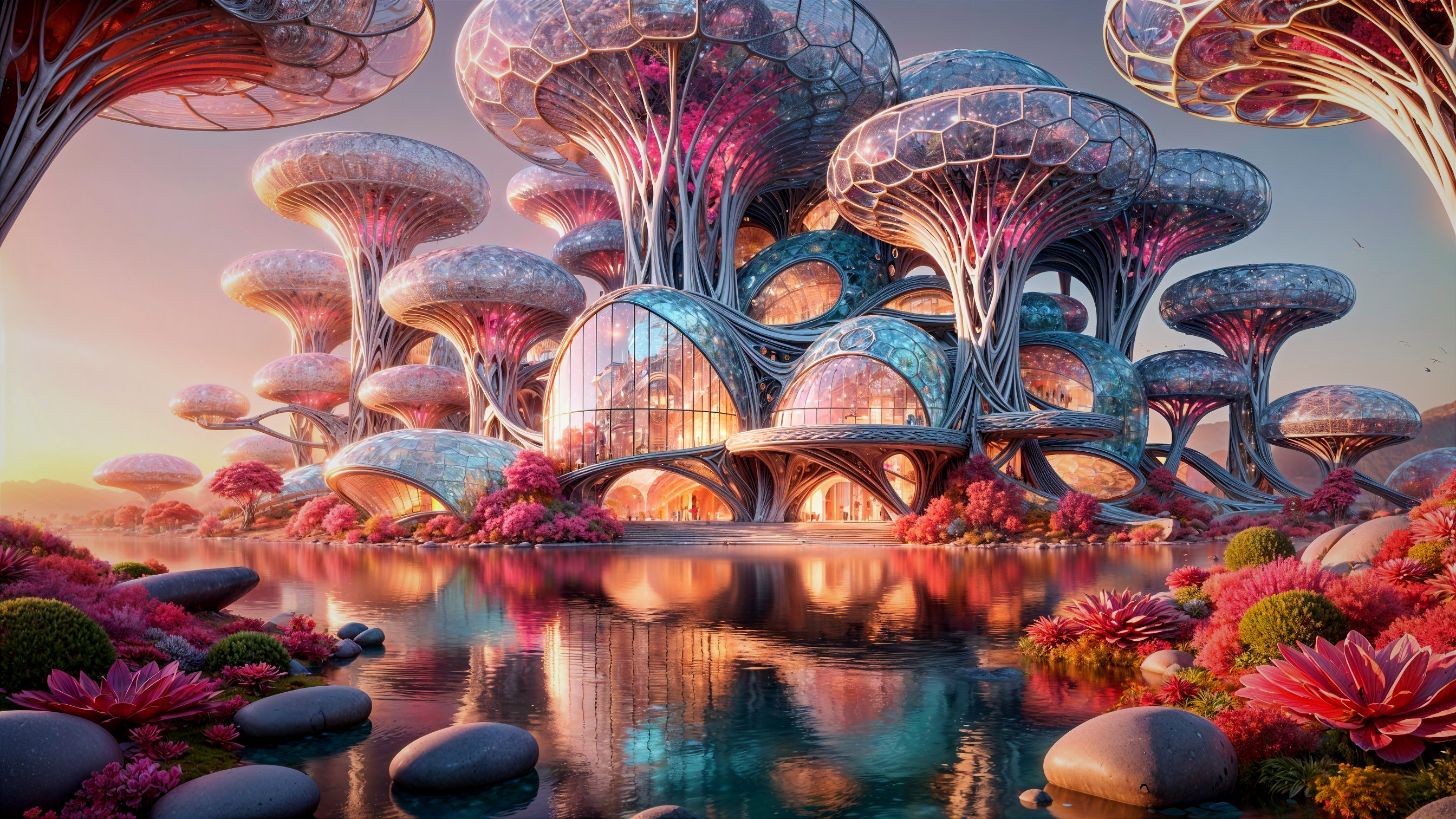 Futuristic landscape with glowing mushroom structures