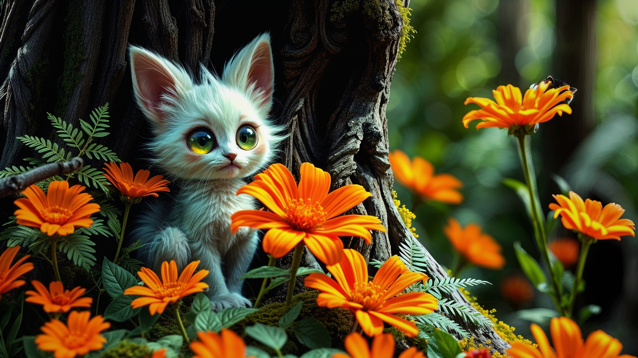 Fluffy Kitten in Enchanting Flower-filled Forest