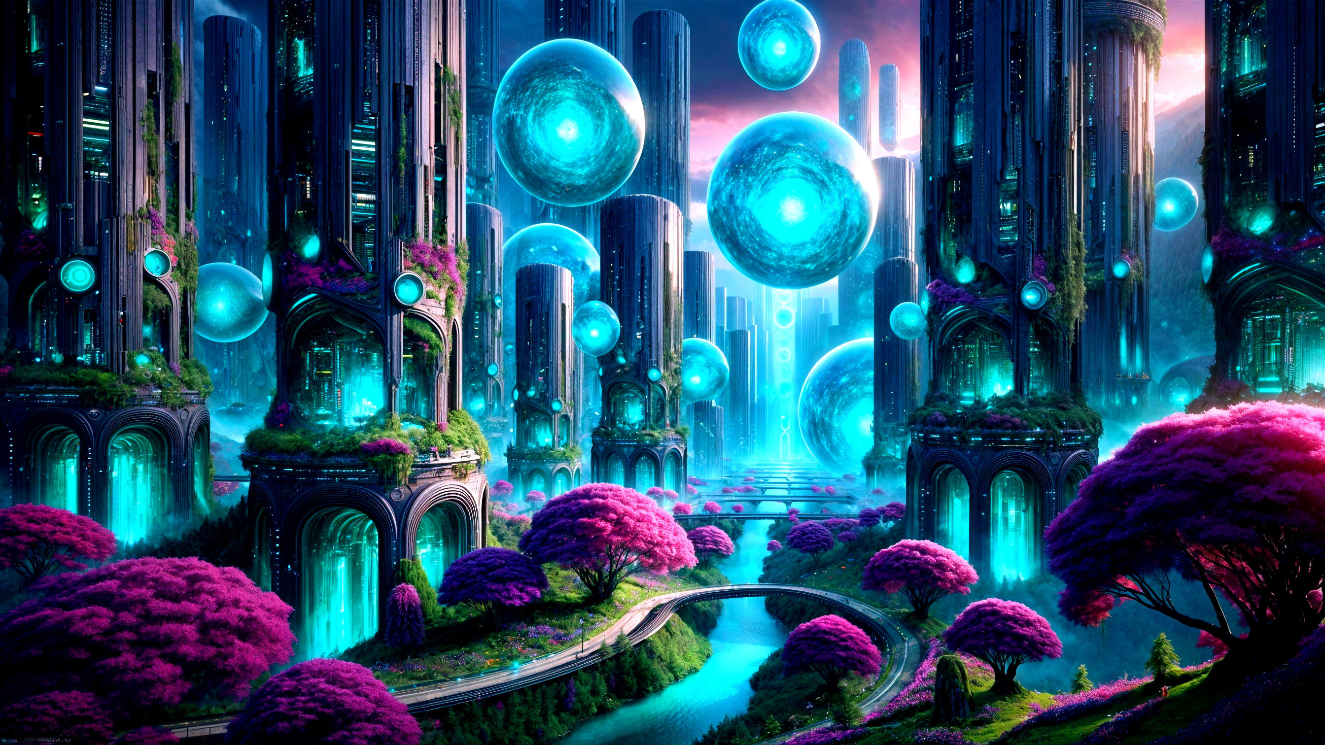 Futuristic cityscape with crystalline structures and orbs