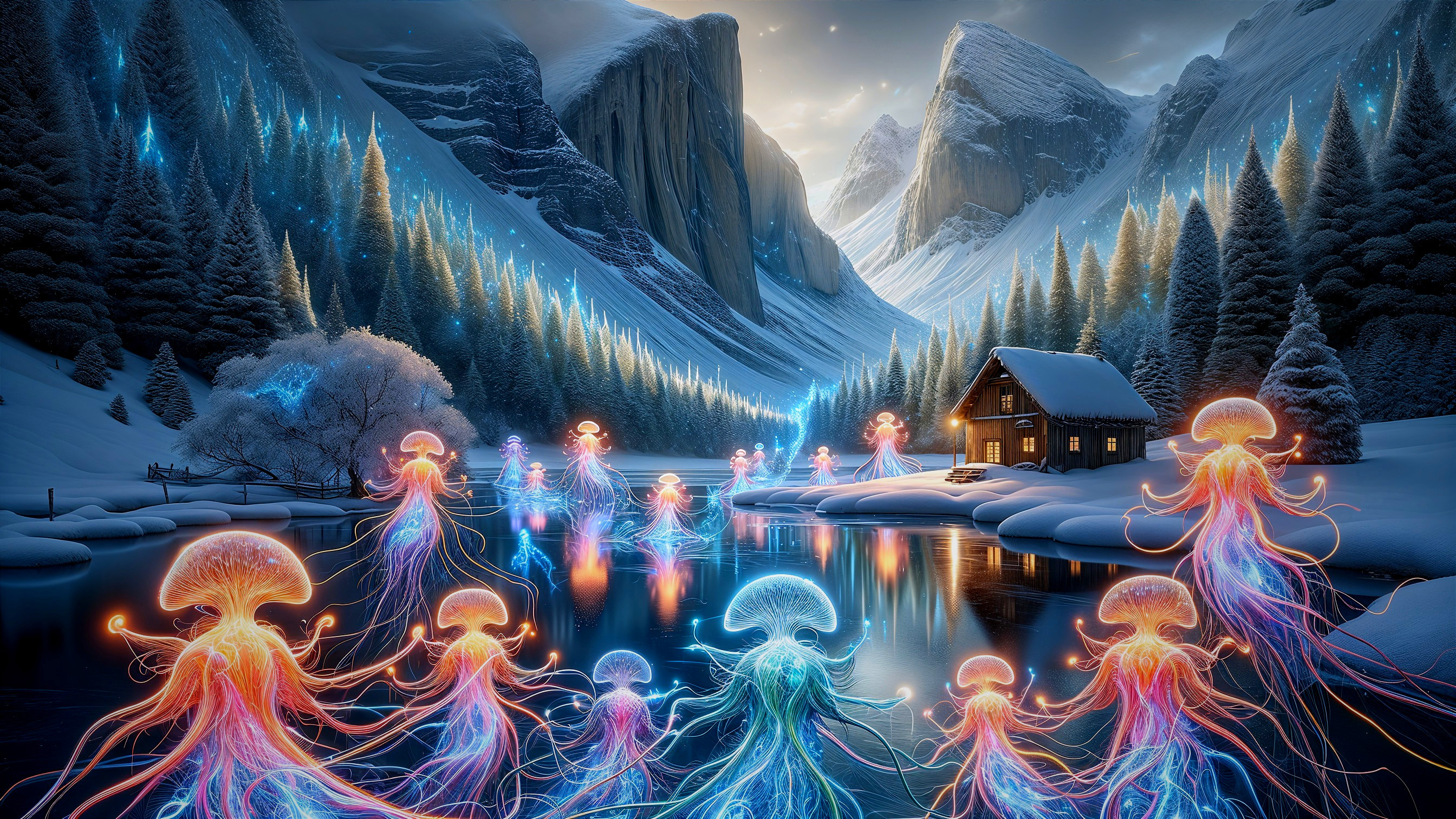 Winter Landscape with Glowing Jellyfish and Cabin