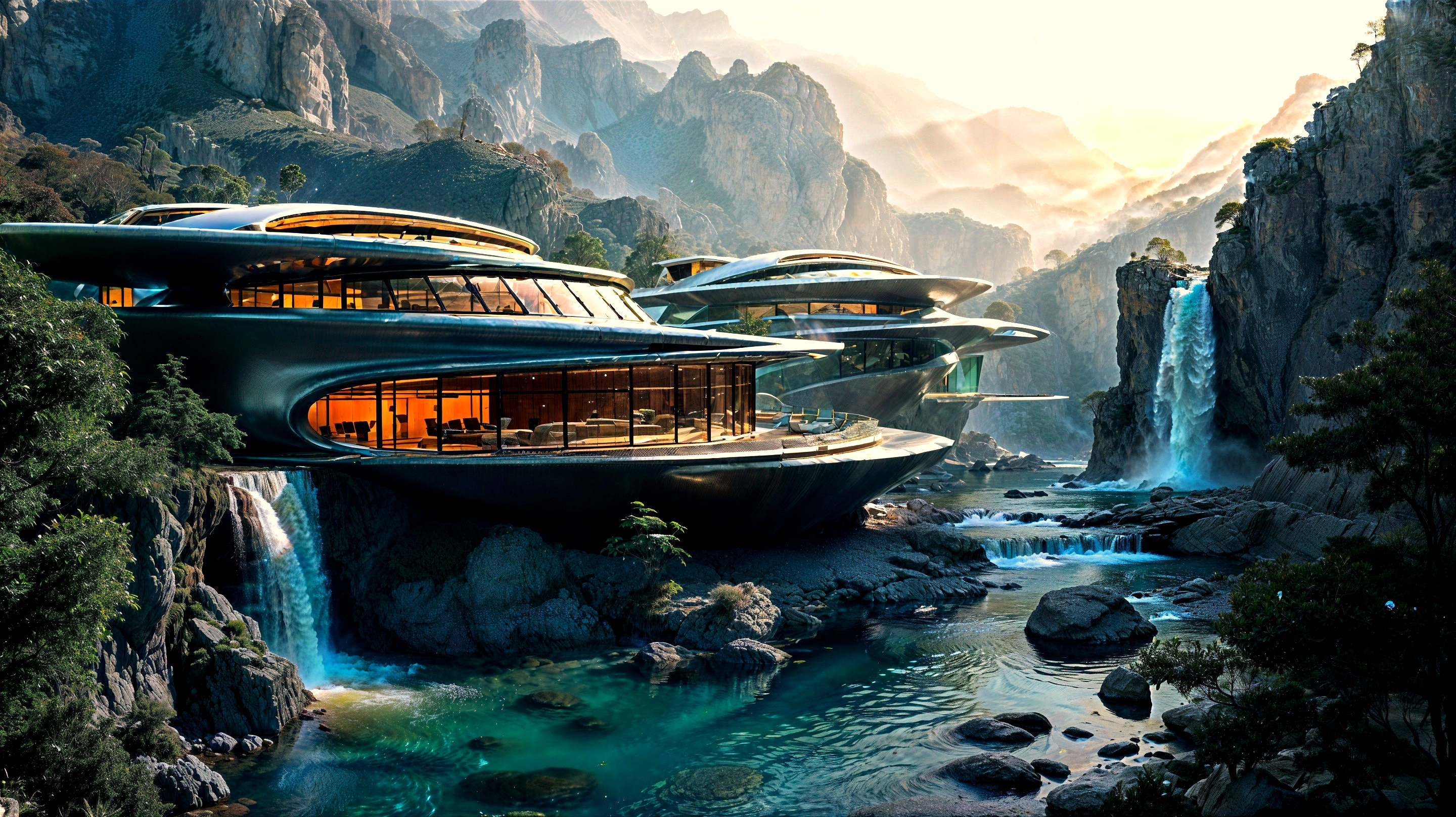 Futuristic Structures on Cliffs by Waterfalls and River