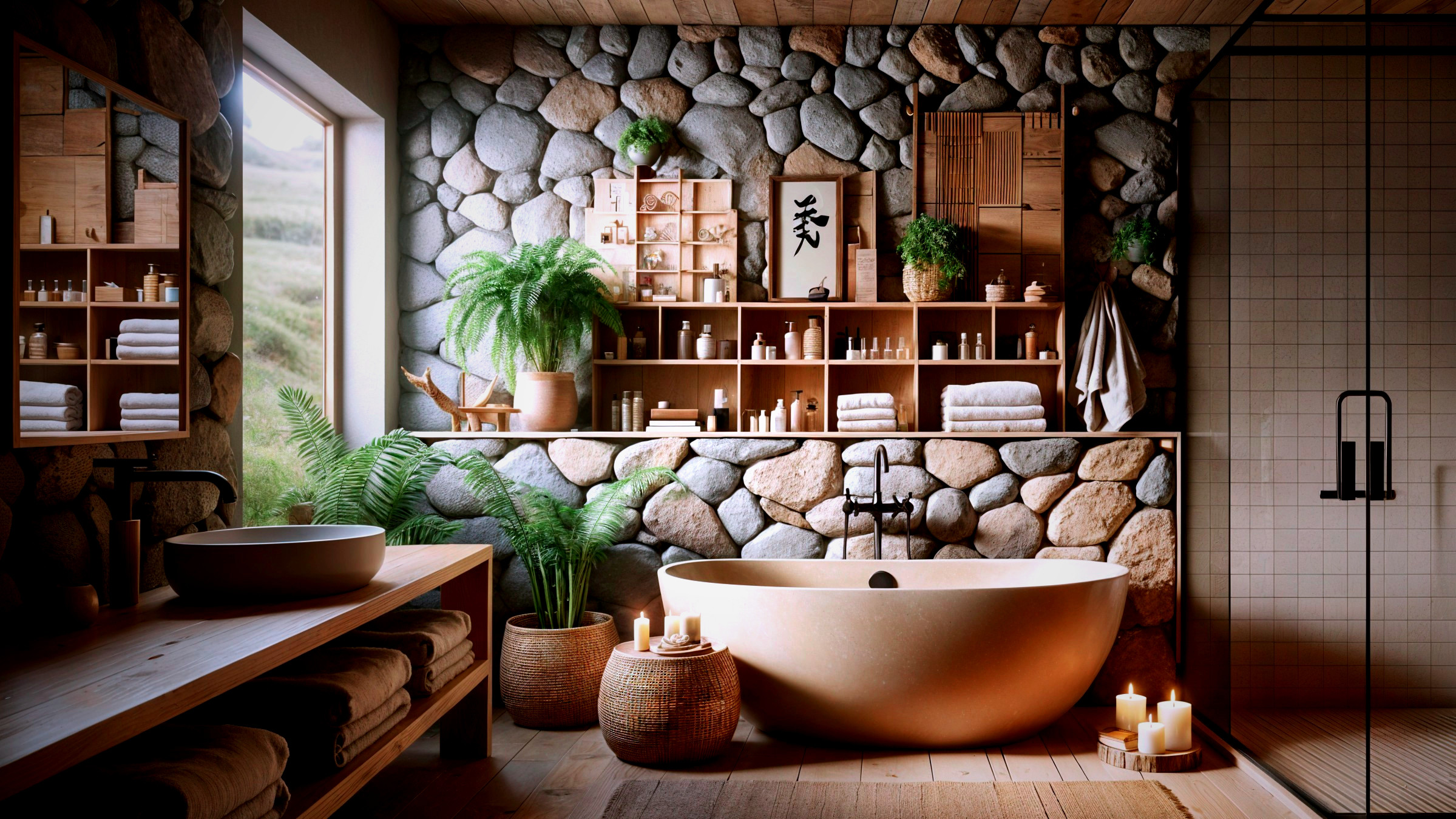 Serene Natural Bathroom Design with Stone and Wood Accents