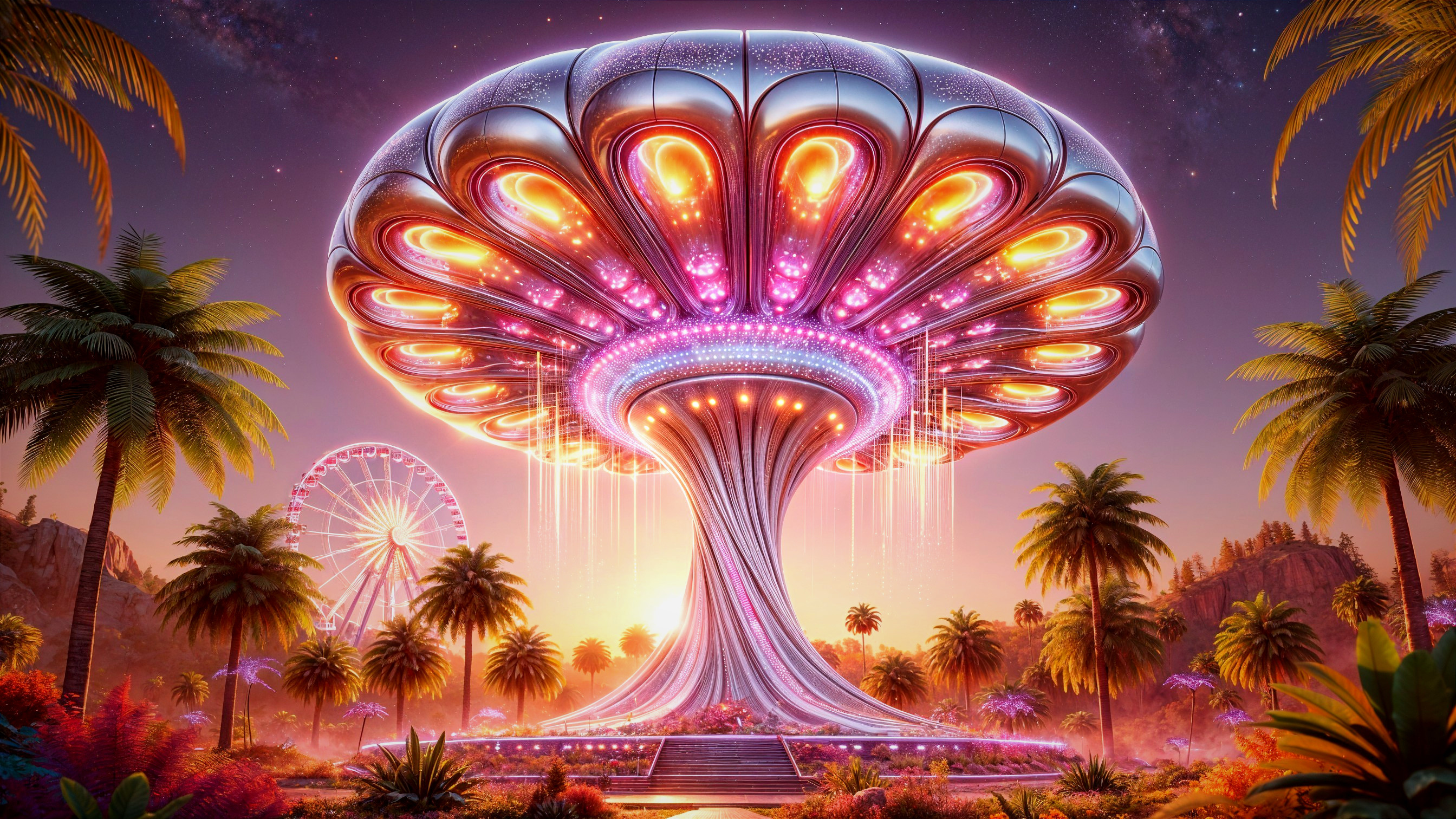 Surreal Landscape with Luminous Tree and Ferris Wheel