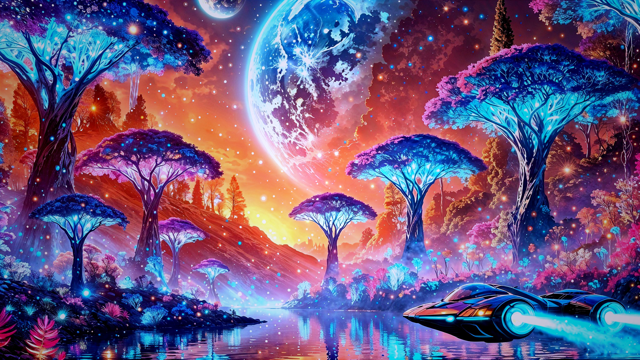 Vibrant Otherworldly Landscape with Luminescent Trees
