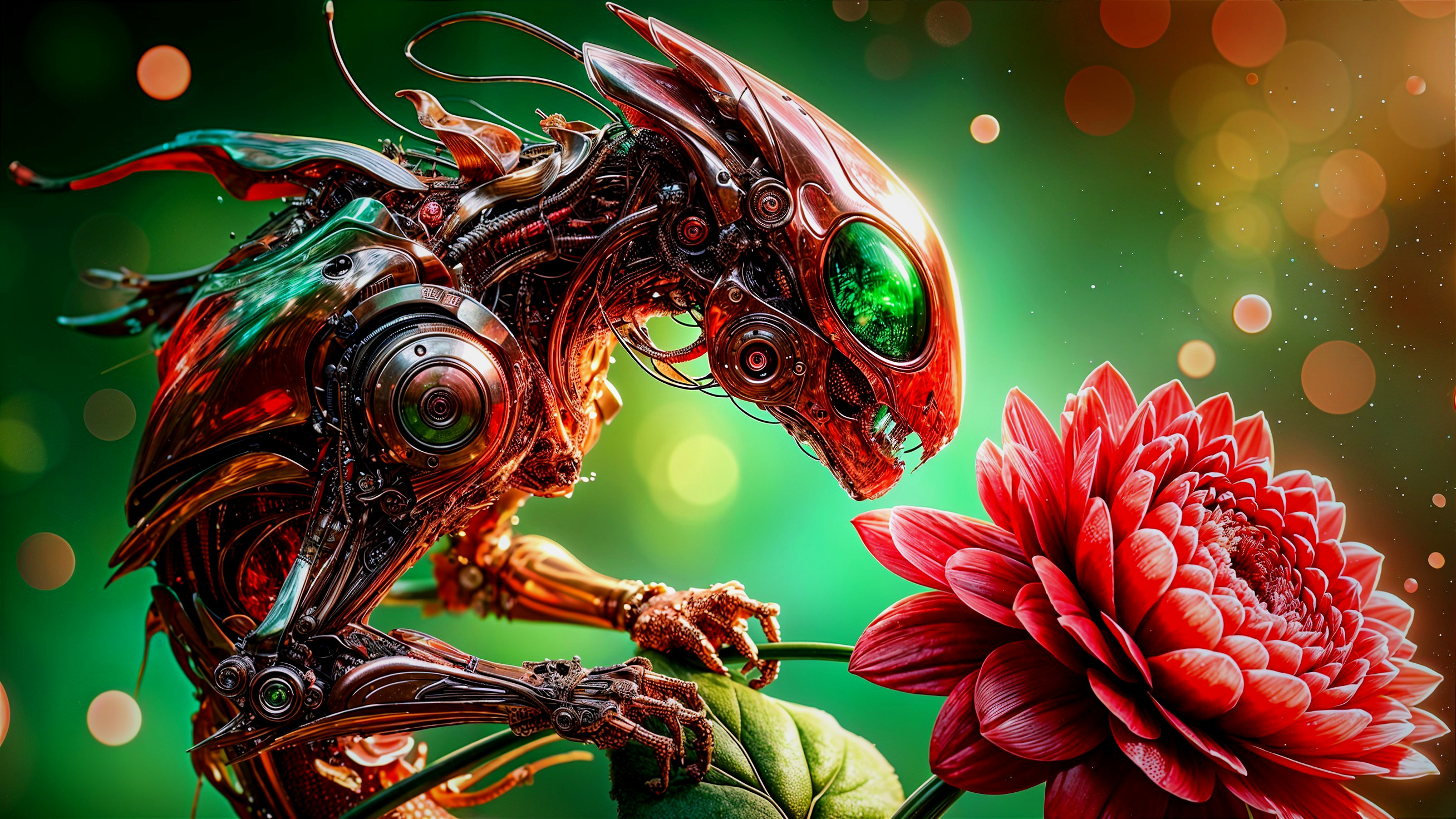 Futuristic Robot Examines Red Flower on Green Background