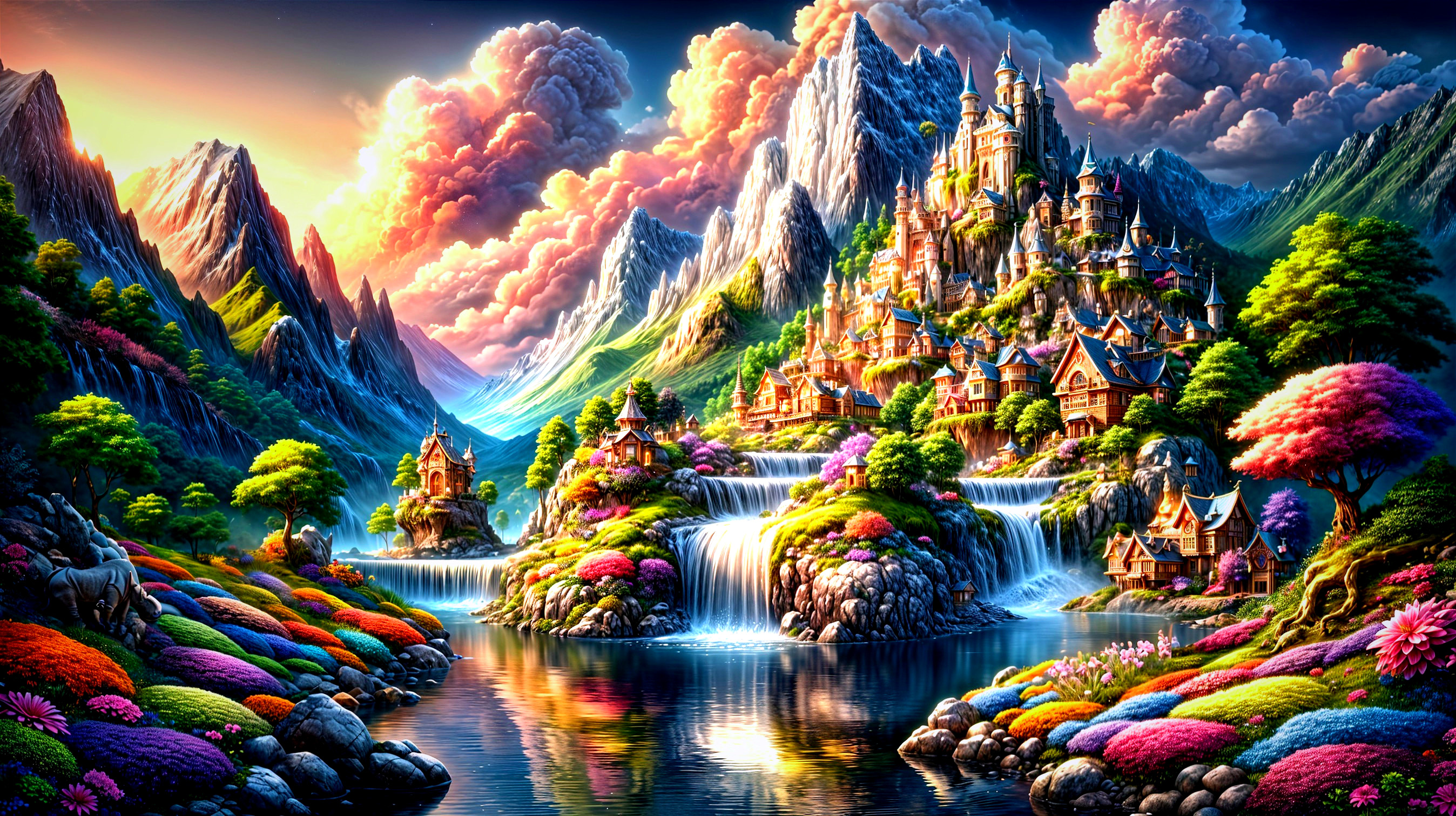 Vibrant Fantasy Landscape with Mountains and Waterfalls