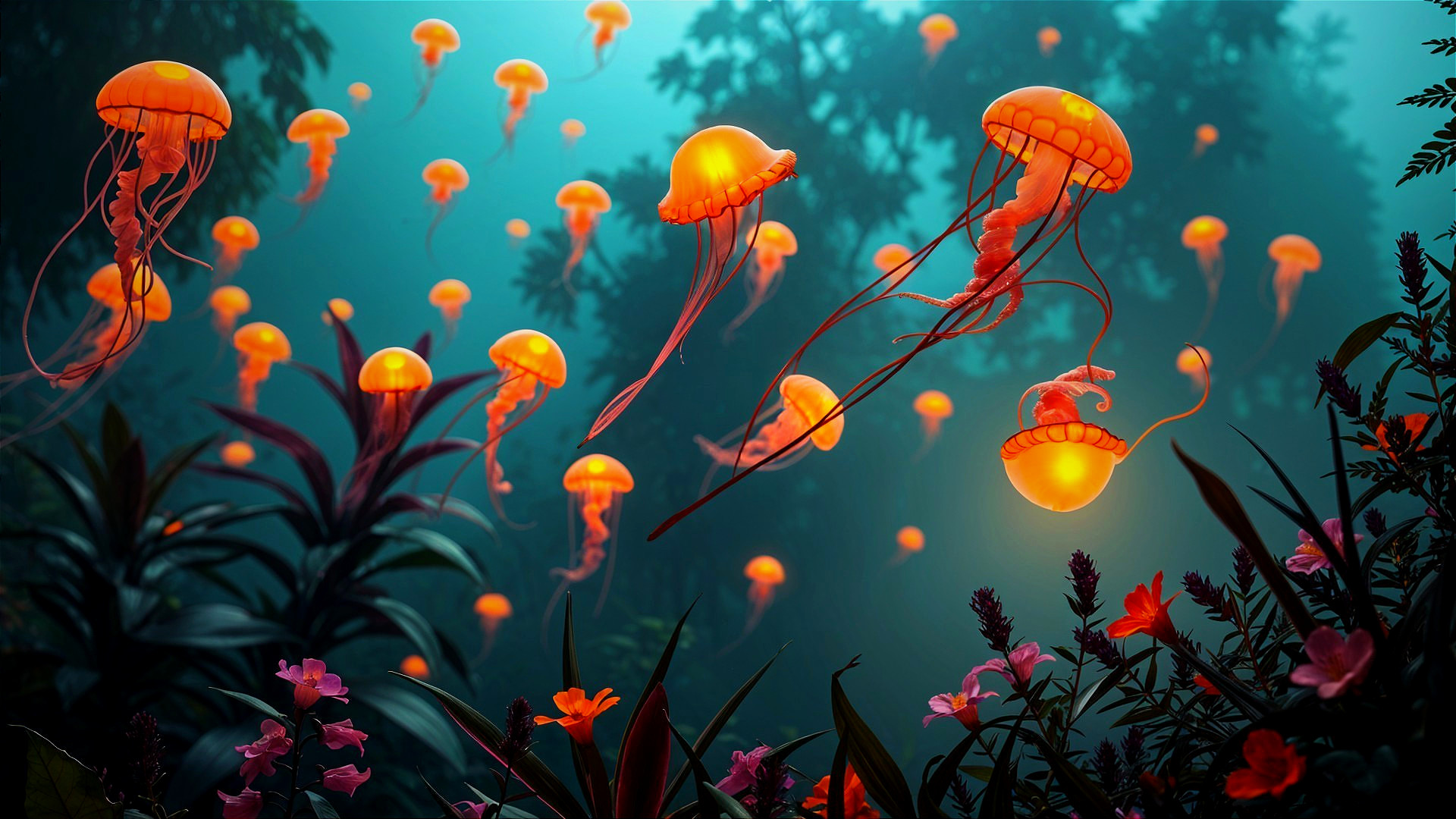 Mystical Underwater Scene with Glowing Jellyfish
