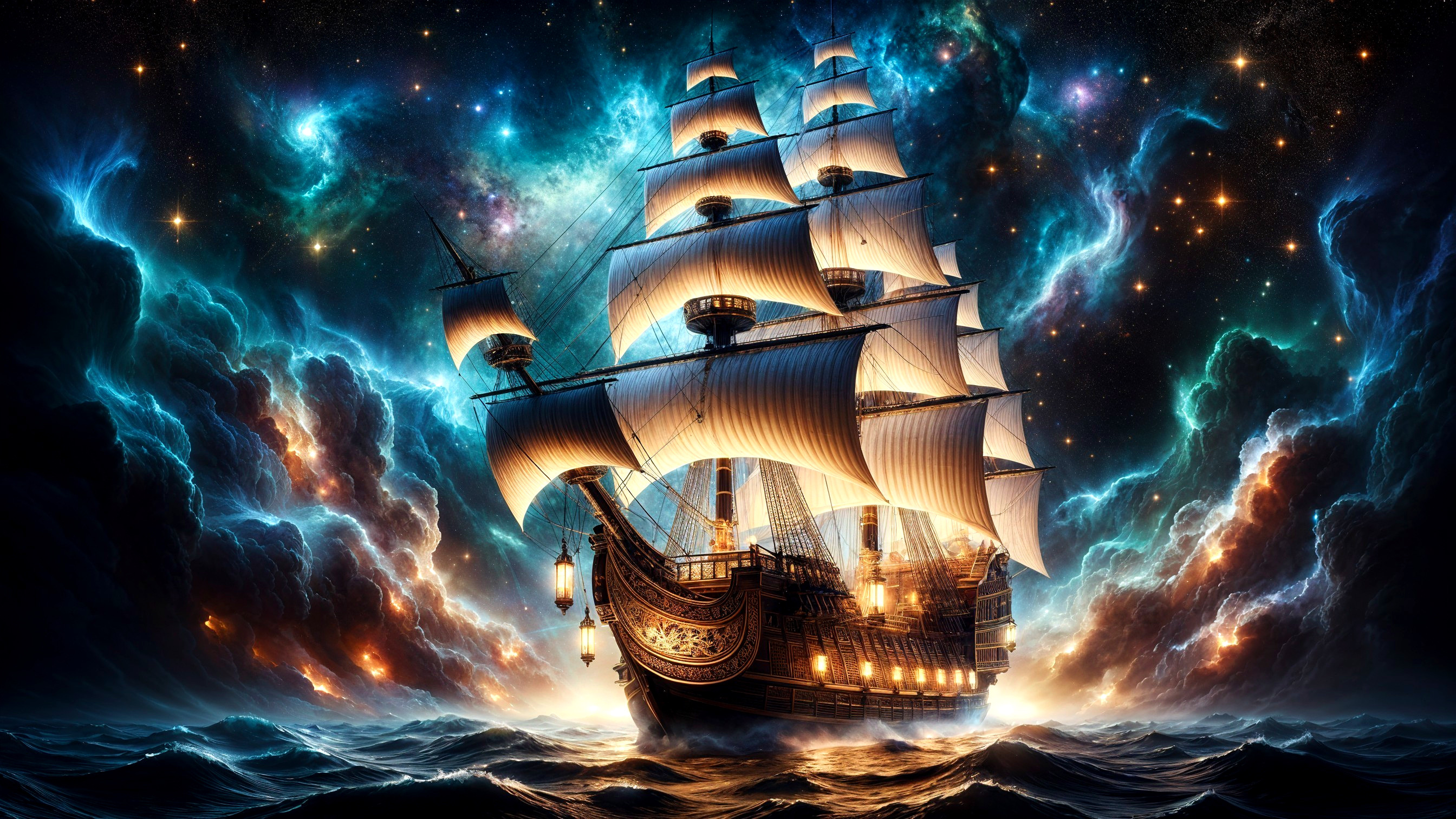 Tall Ship Sailing Through a Vibrant Cosmic Sea