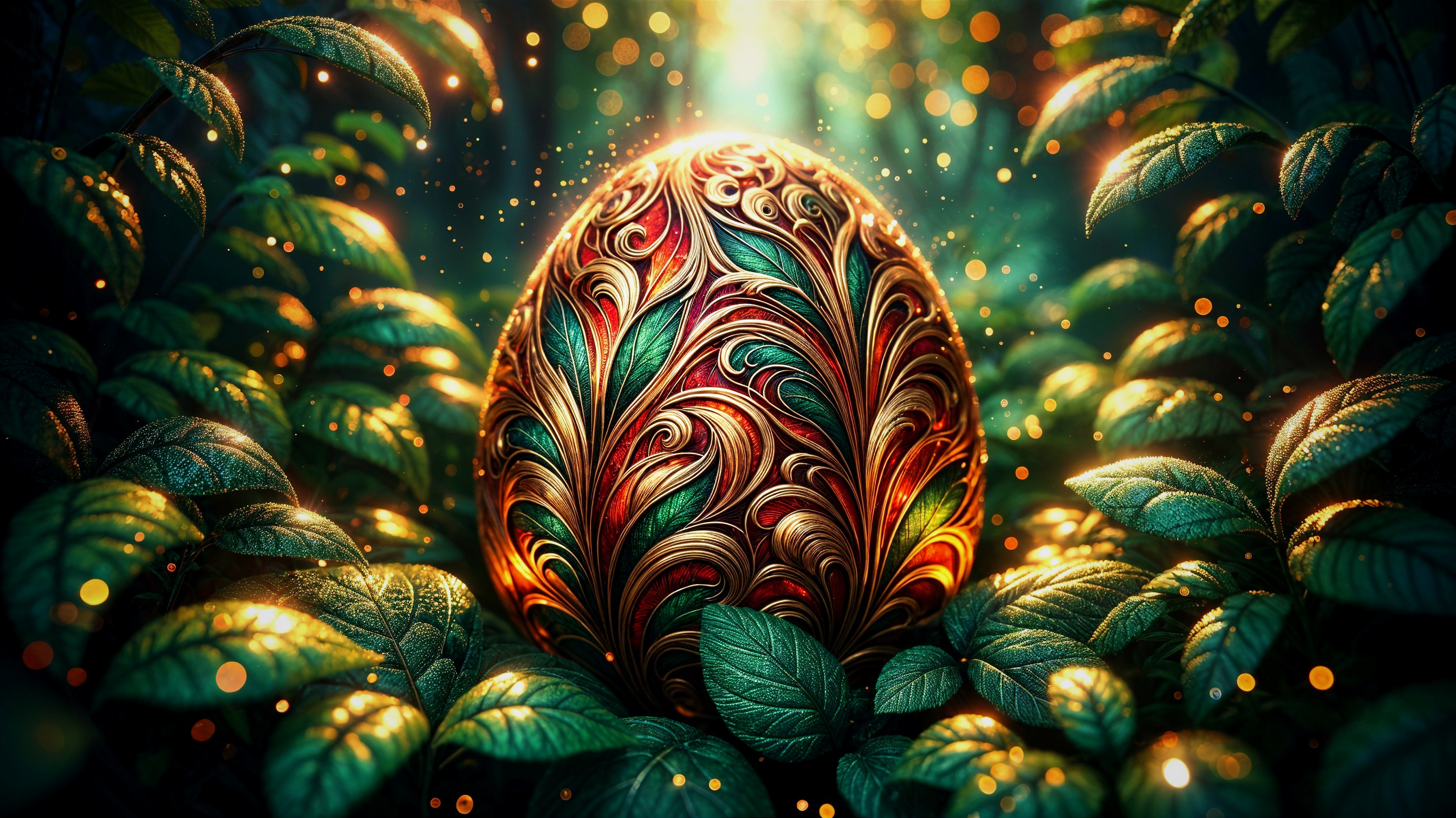 Ornate egg among lush green leaves with vibrant patterns
