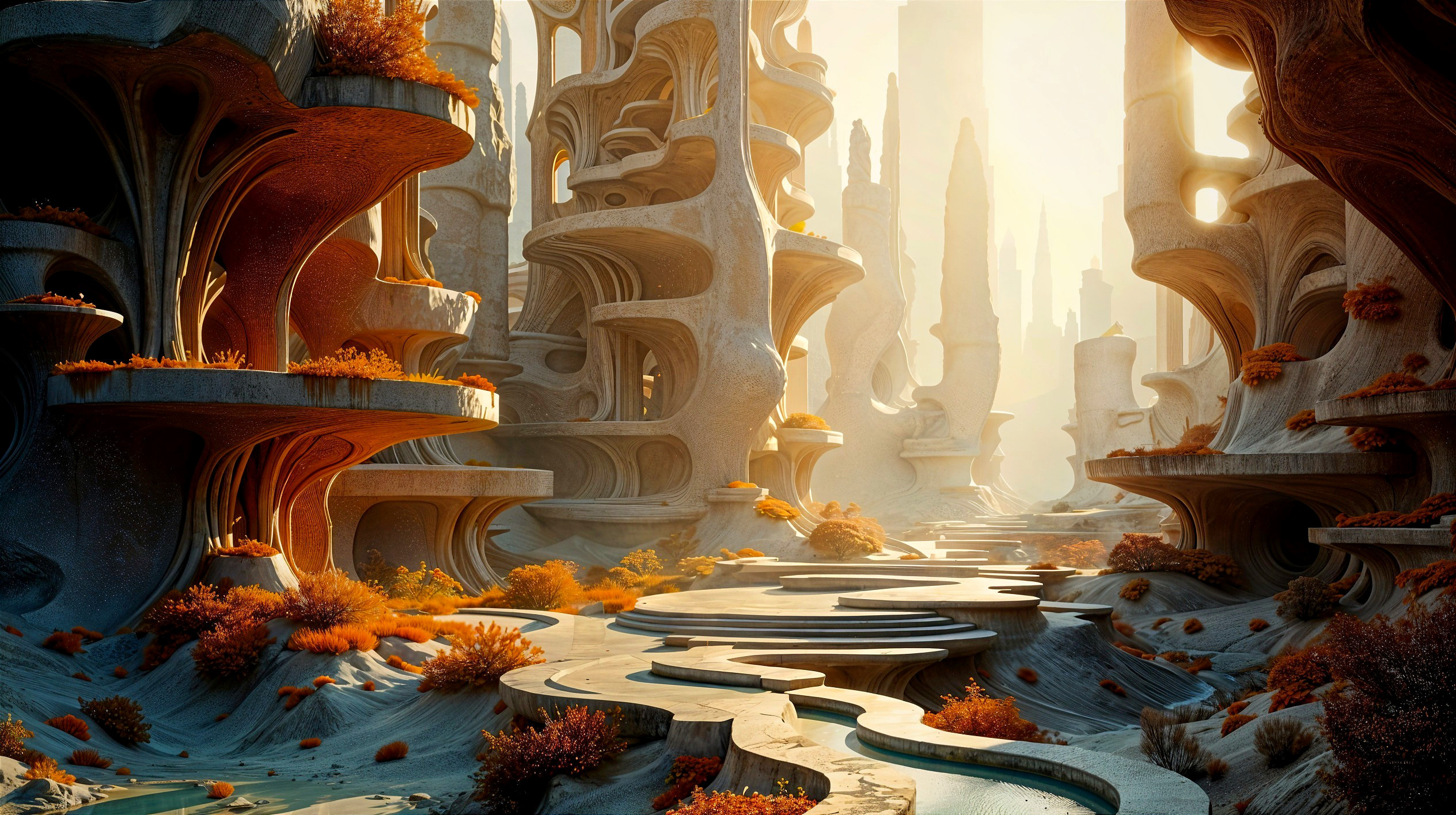 Surreal landscape with twisted rock formations and warm hues
