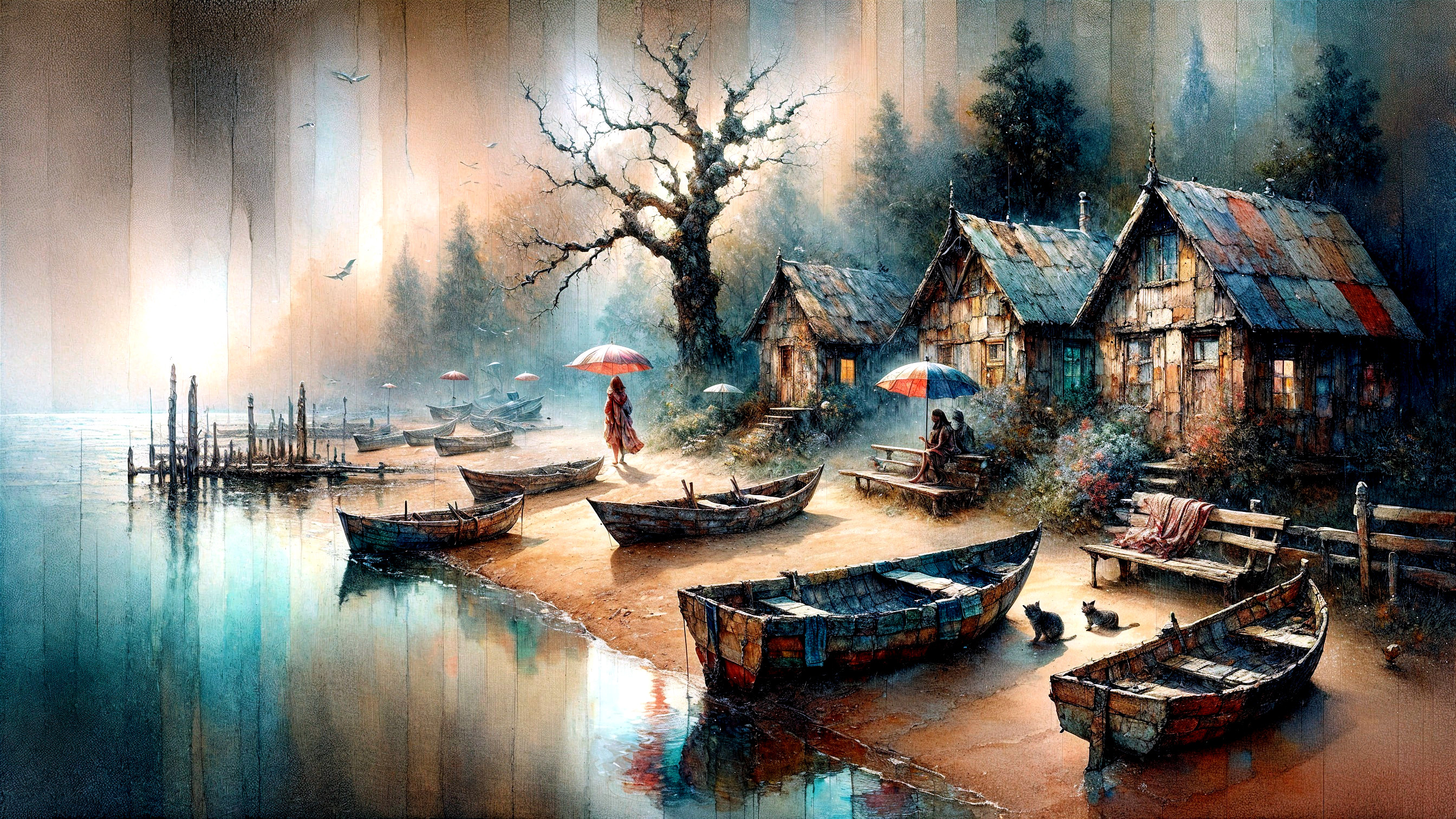 Tranquil Riverbank at Dawn with Cottages and Boats