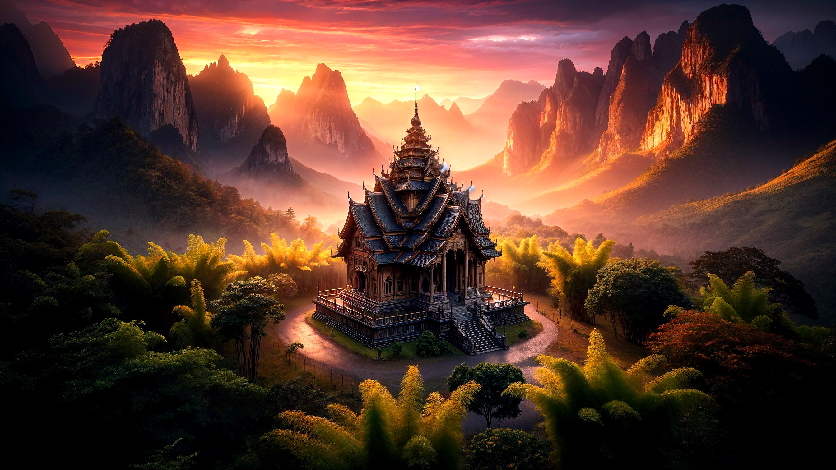 Majestic temple in vibrant landscape at sunset