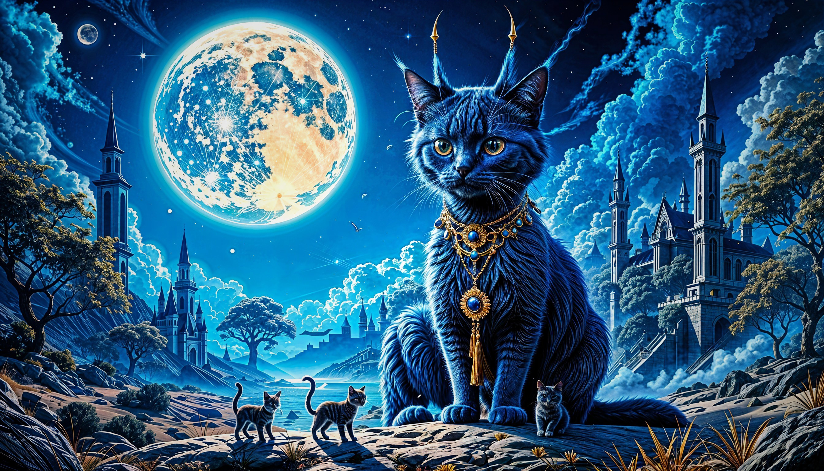 Majestic blue cat in a fantastical landscape scene
