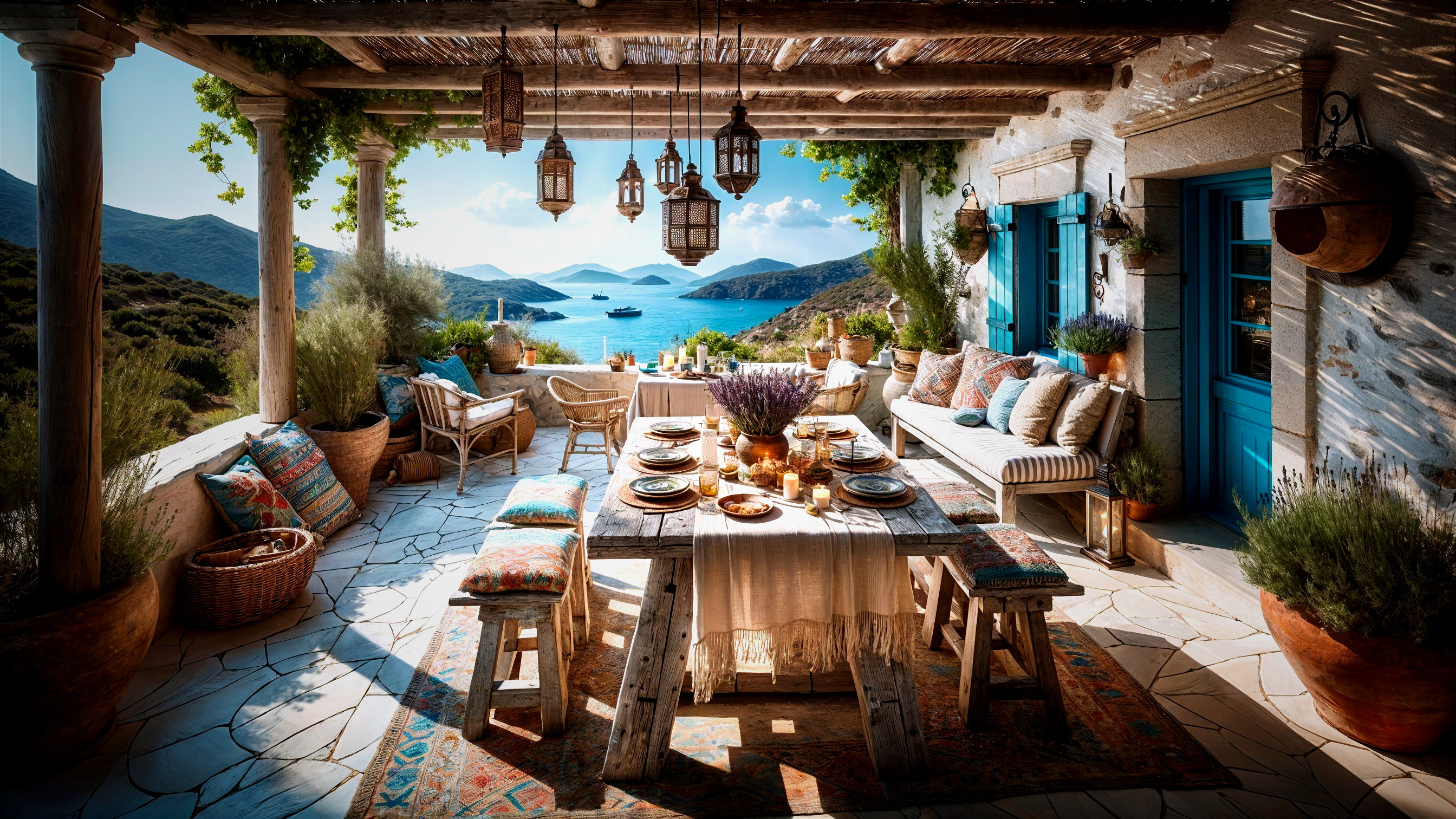 Outdoor Dining Area with Rustic Table and Scenic Views