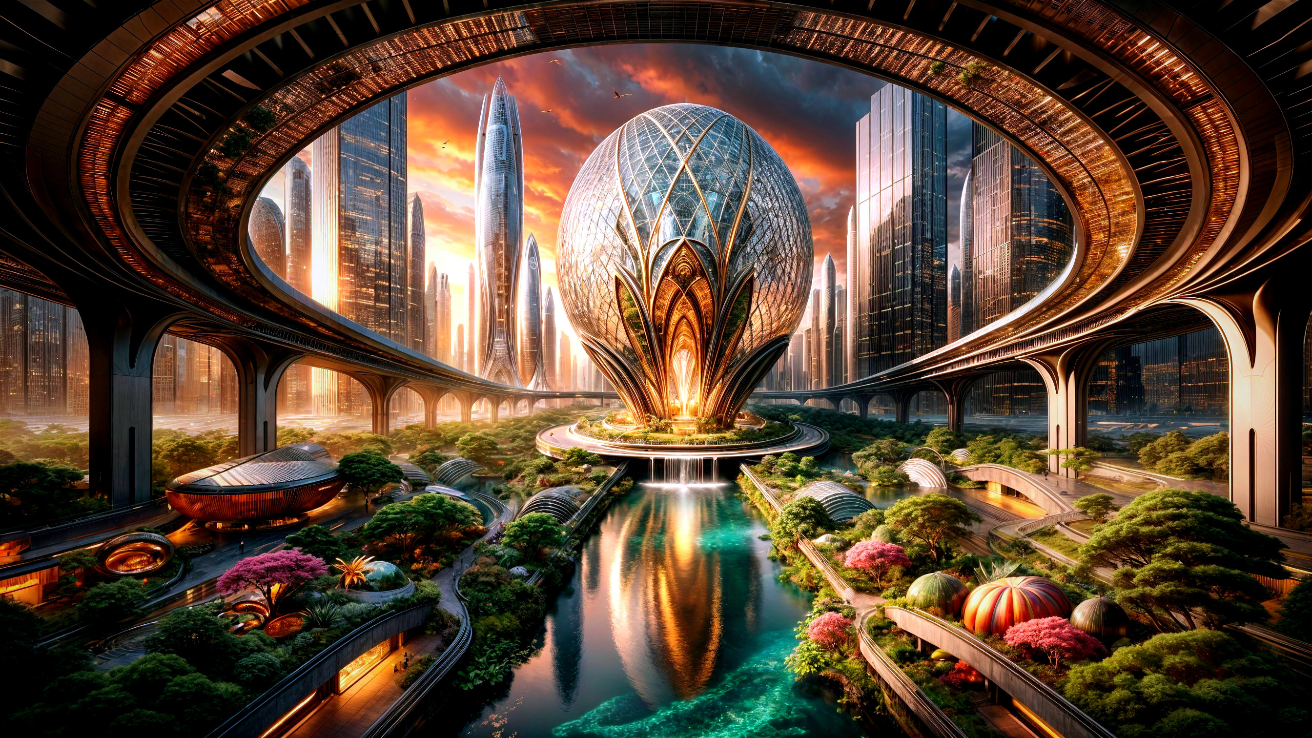 Futuristic cityscape with organic architecture and gardens