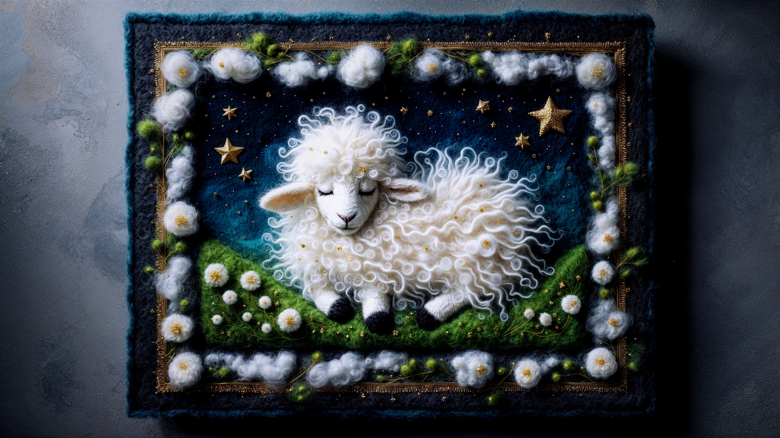 Handcrafted Wool Felt Artwork of a Sheep at Night
