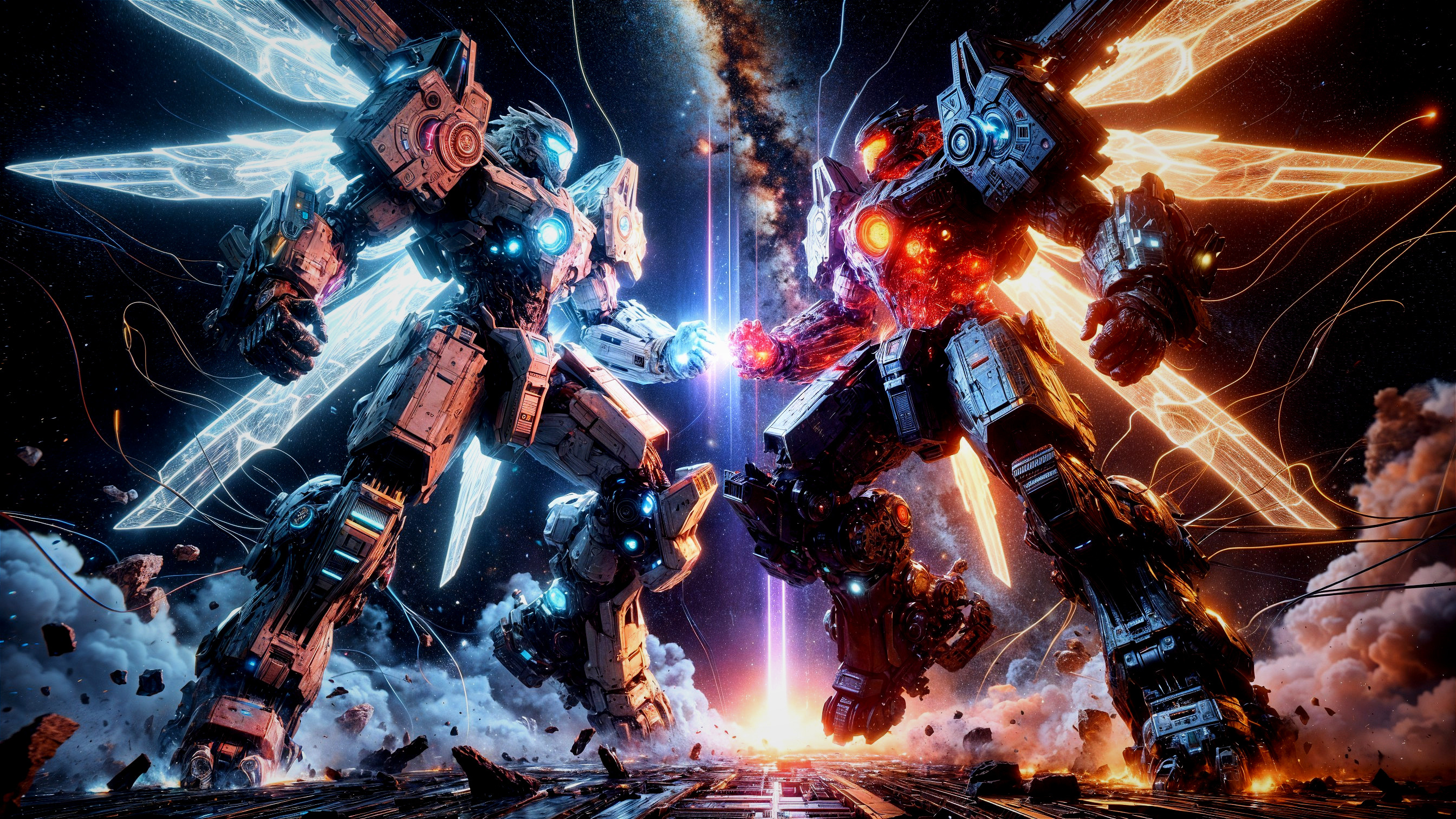 Colossal Robotic Warriors in Cosmic Battle Scene
