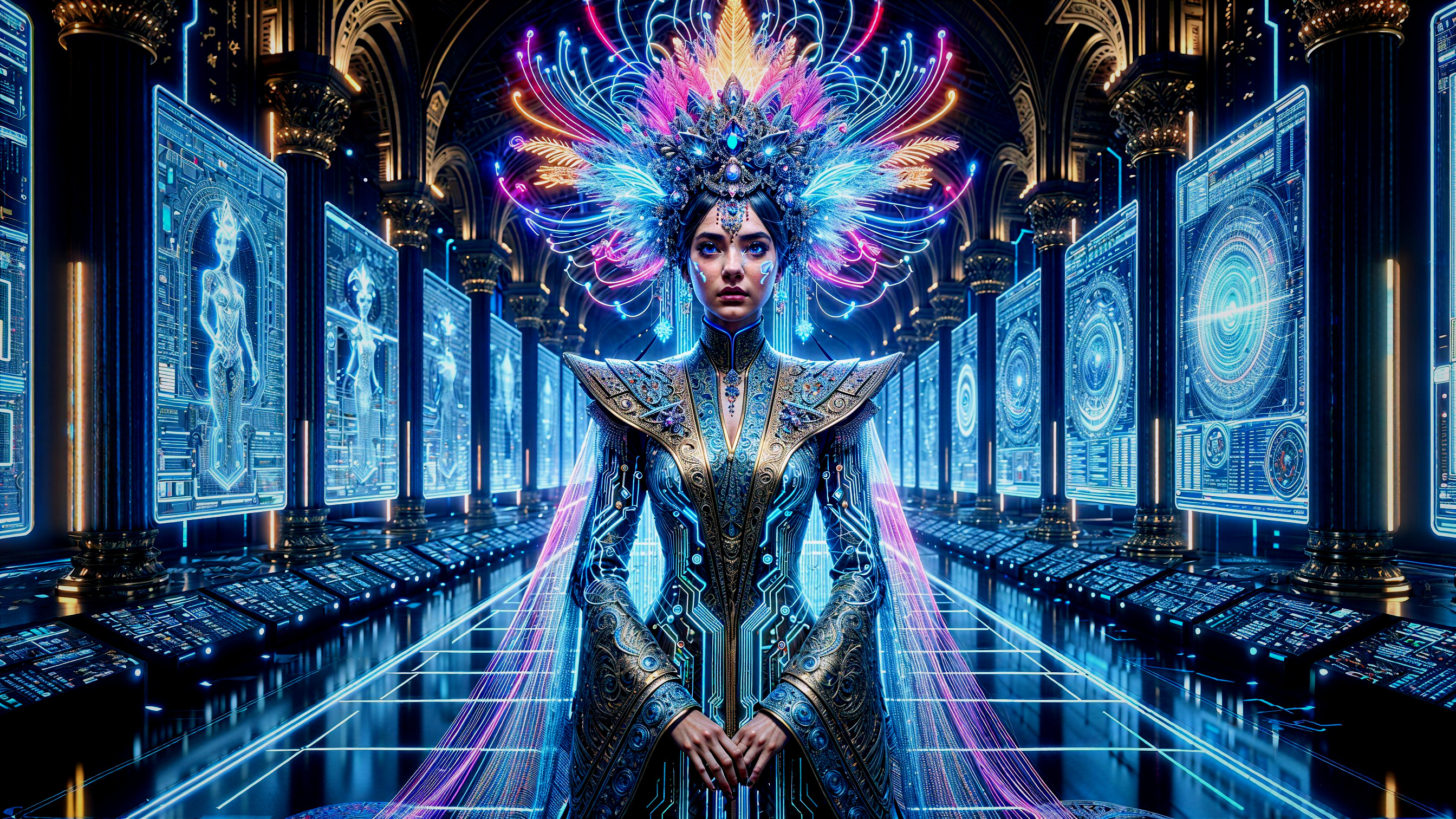 Futuristic figure in high-tech hall with ornate outfit