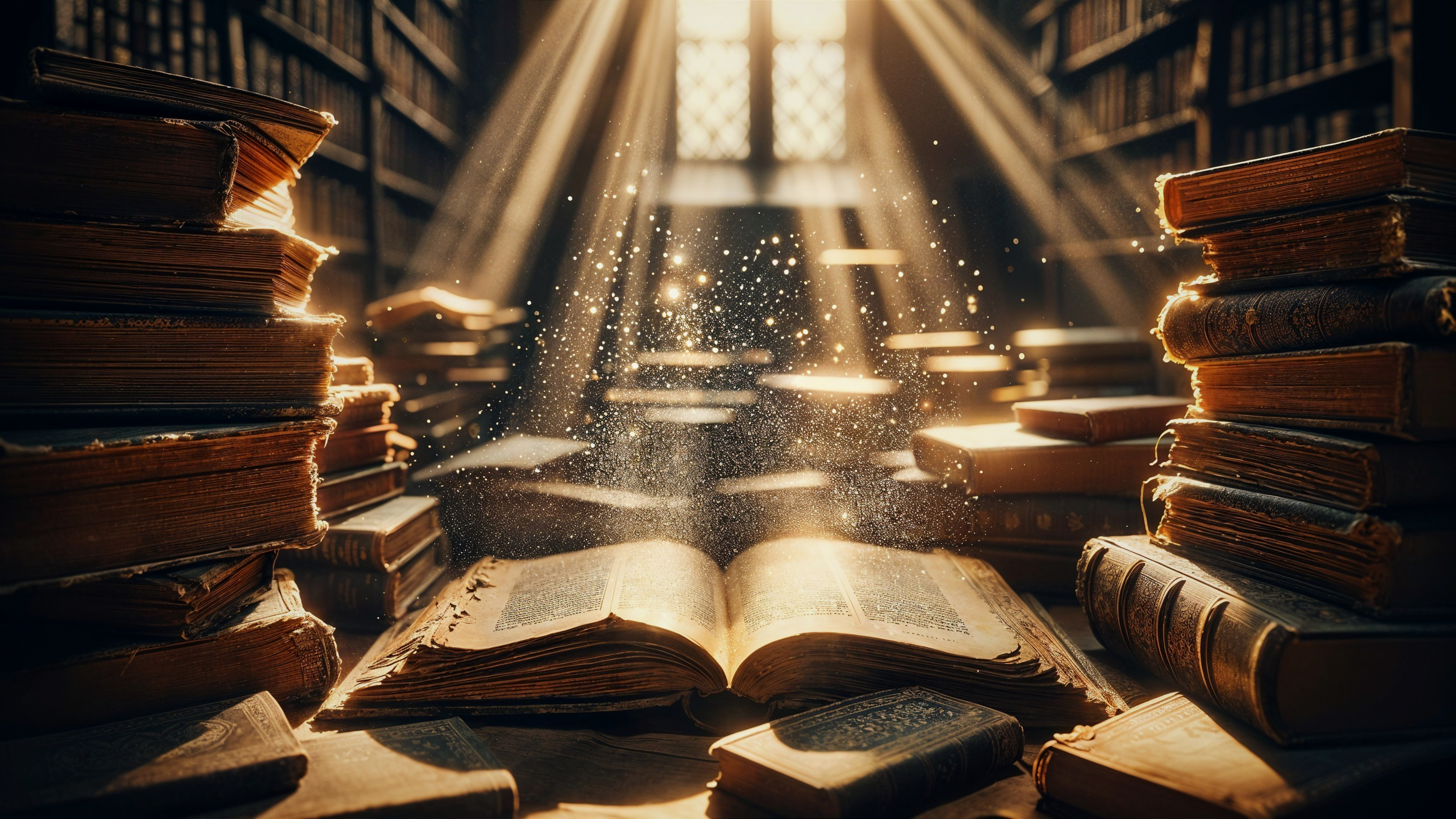 Dimly Lit Library with Sunlit Books and Dust Particles