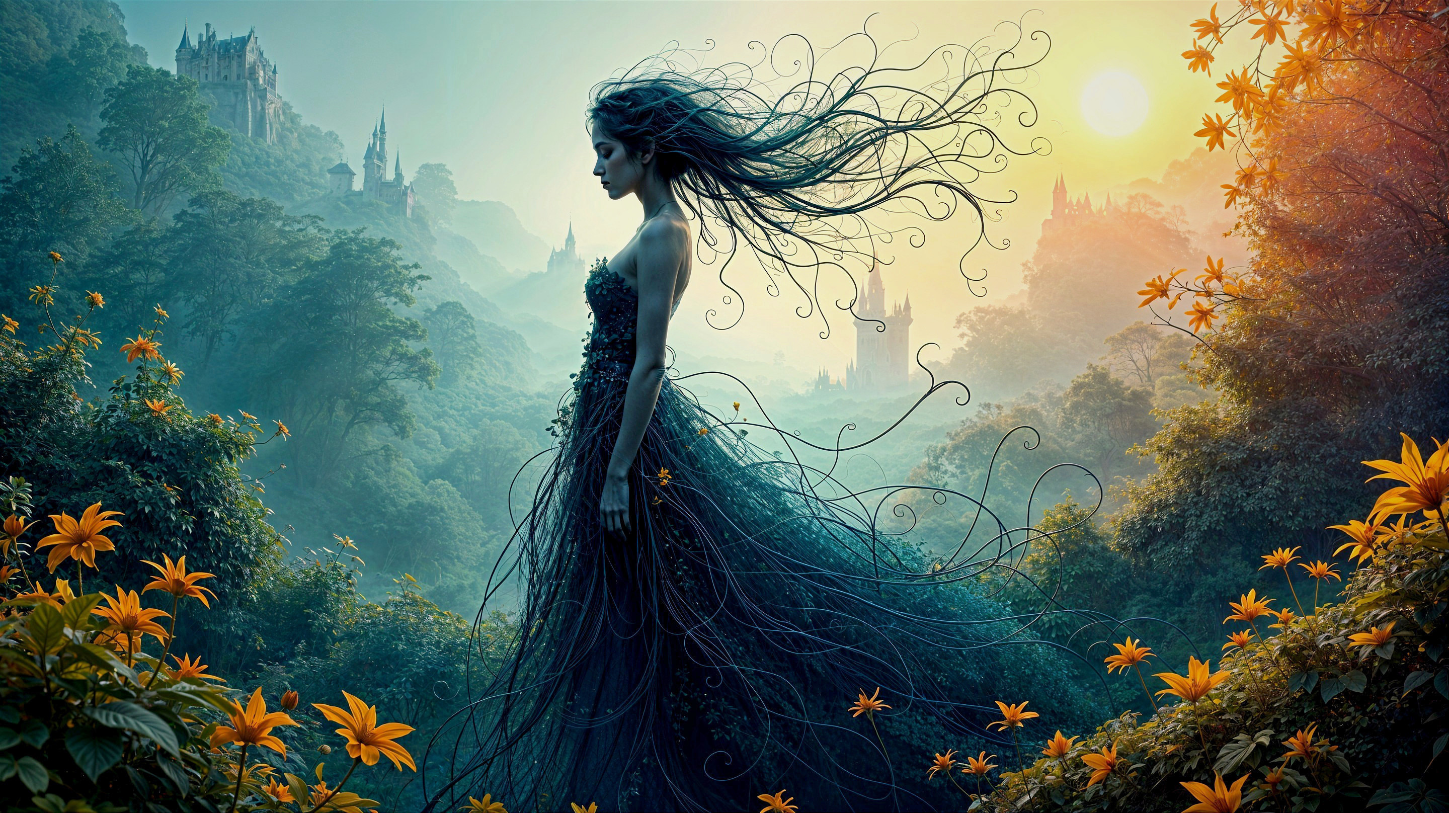 Mystical Figure in Verdant Landscape with Castles