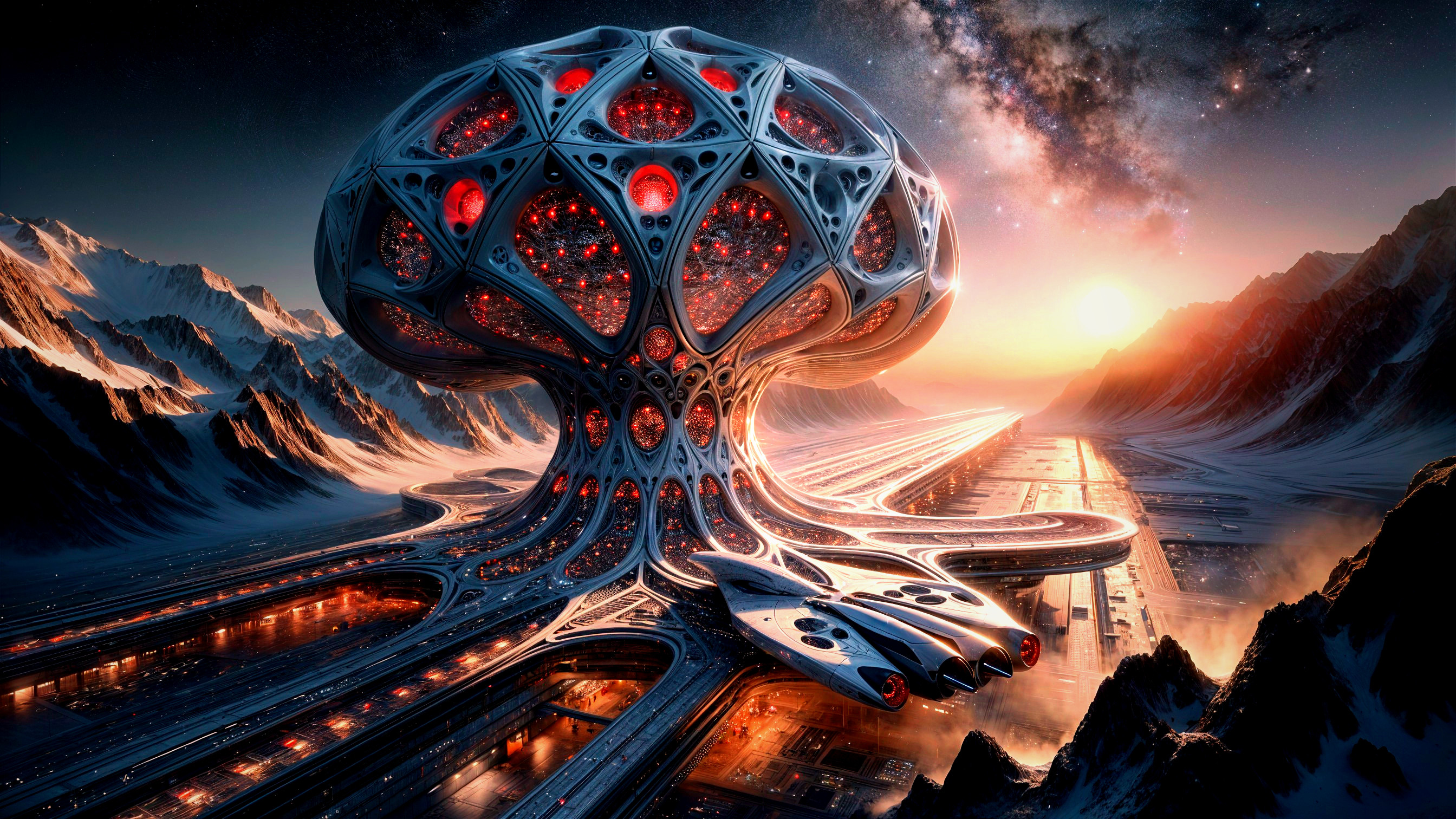Futuristic Mushroom Structure in Mountainous Landscape