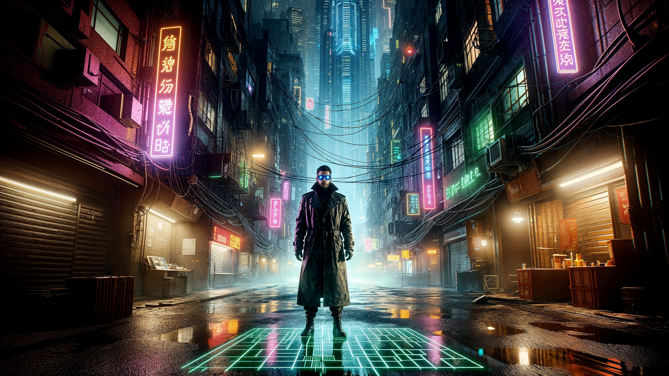 Futuristic Figure in Neon-Lit Cyberpunk Alleyway