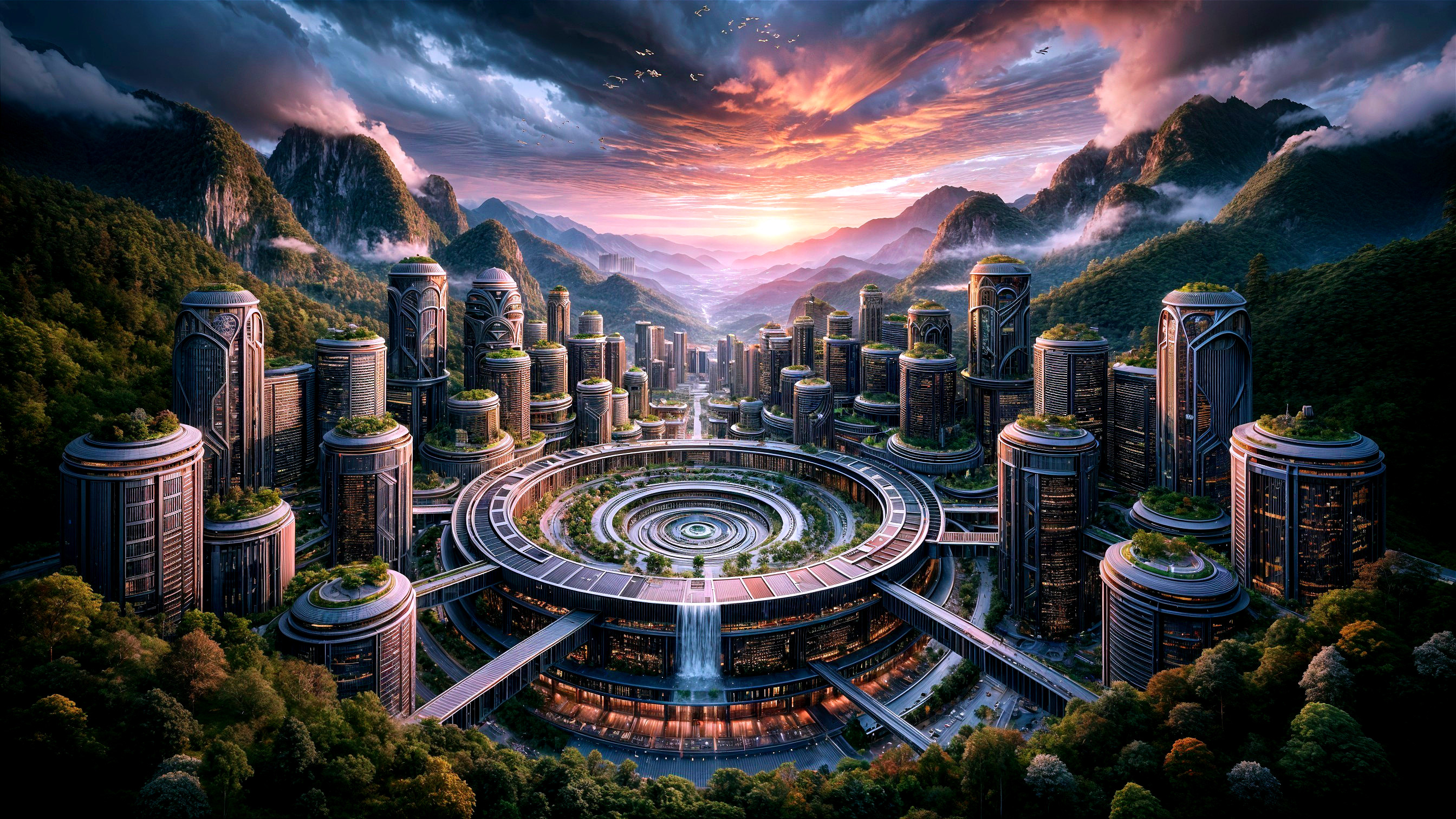 Futuristic city in mountains with greenery and waterfalls