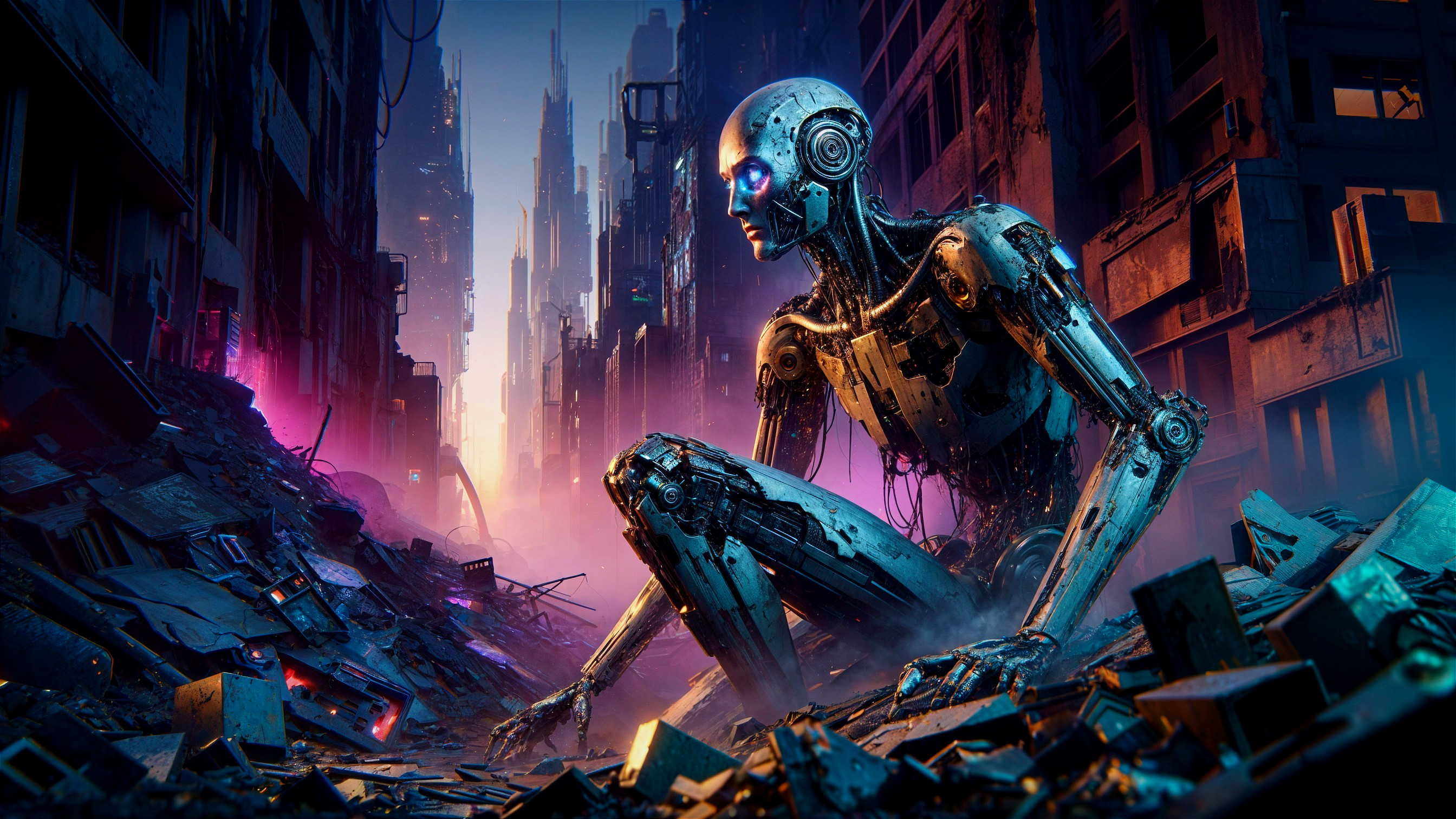 Futuristic Dystopian City with Humanoid Robot in Ruins