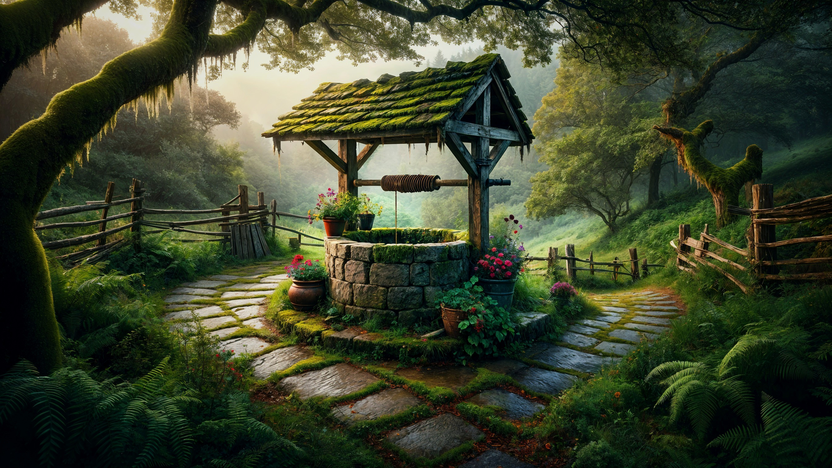 Charming Well in a Lush Green Landscape with Flowers