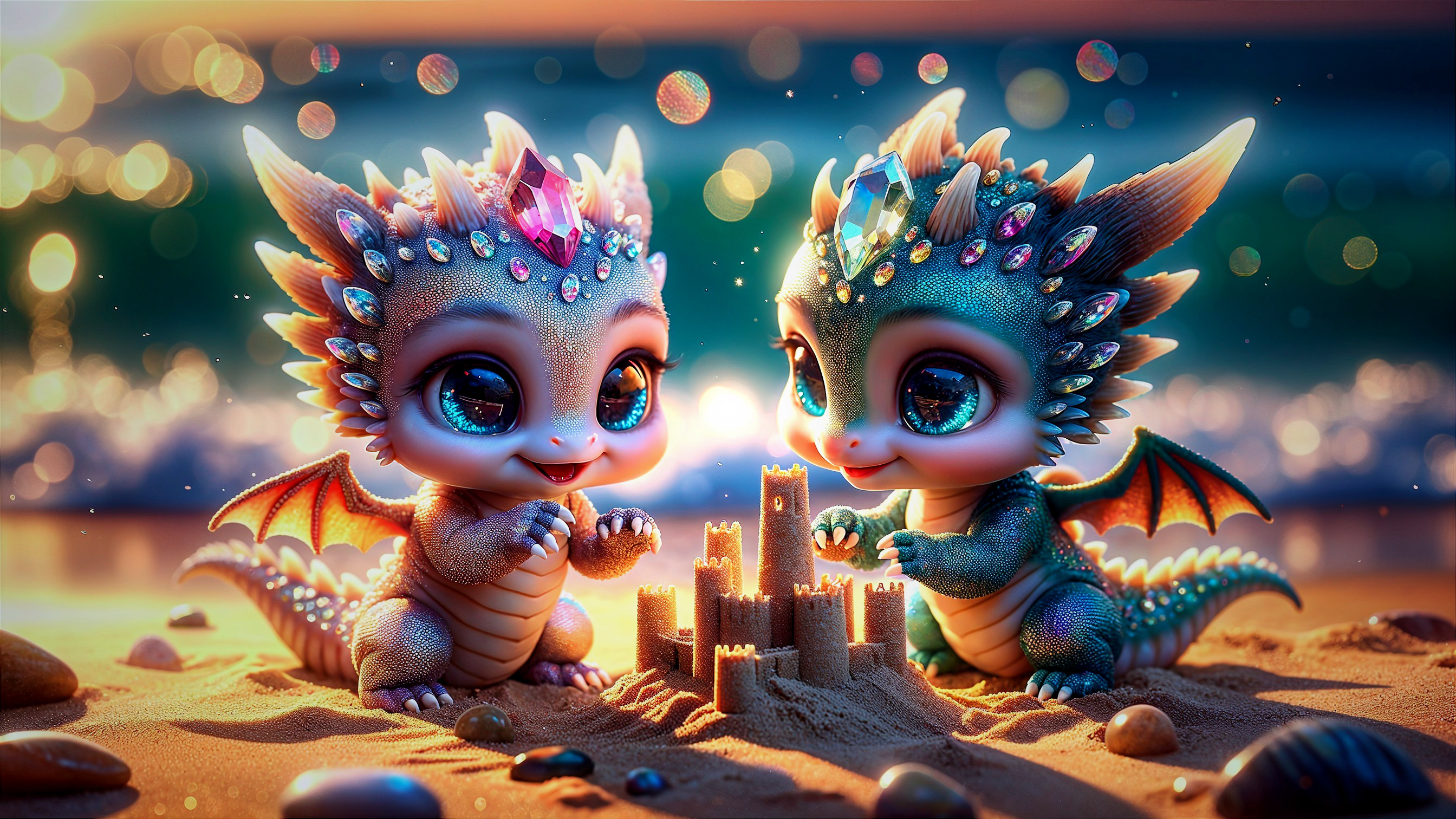 Colorful baby dragons building a sandcastle on a beach