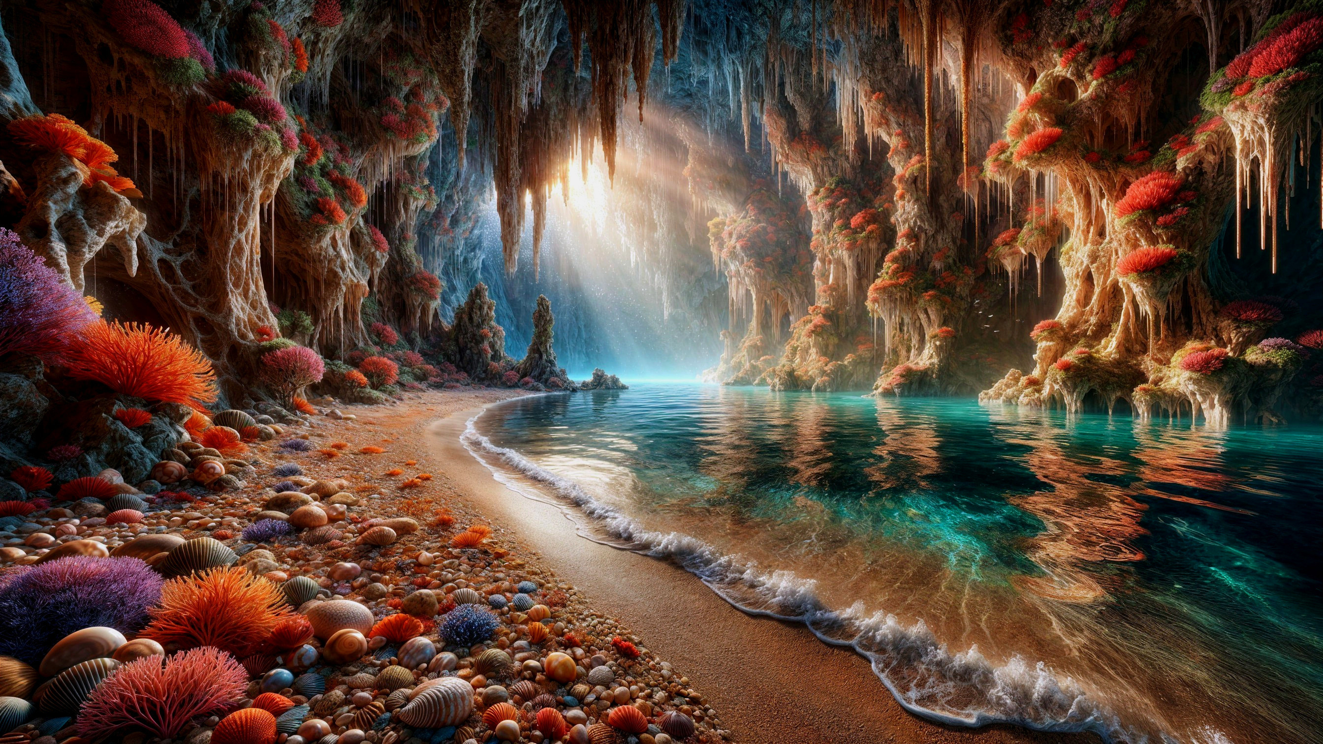 Vibrant Coral Cave with Tranquil Waters and Seashells