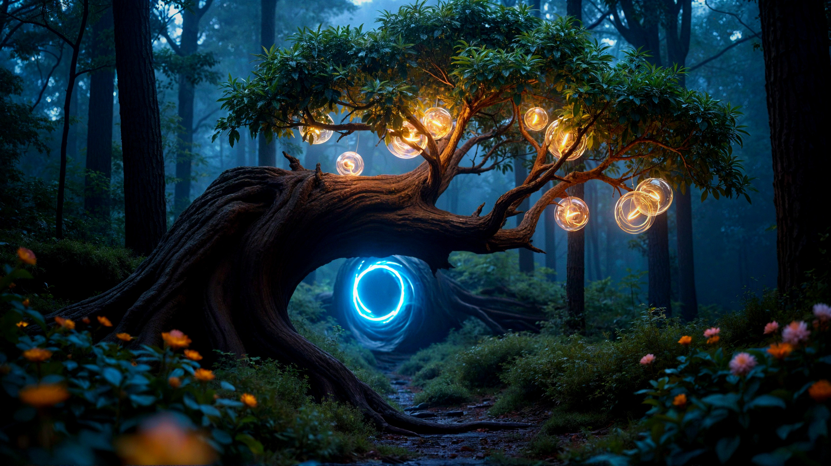 Mystical forest scene with glowing tree portal and orbs
