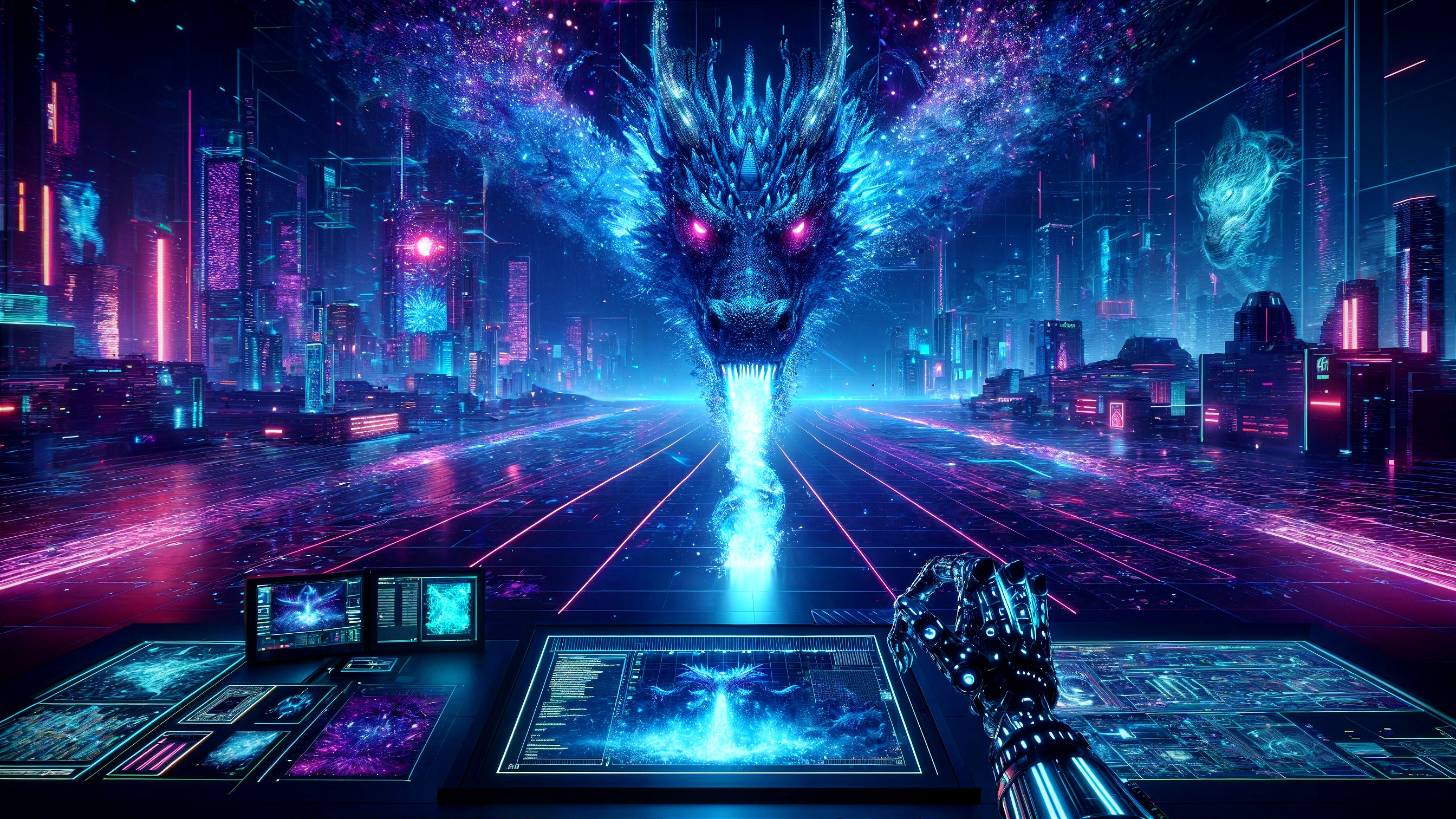 Futuristic Dragon in a Digital Sci-Fi Landscape